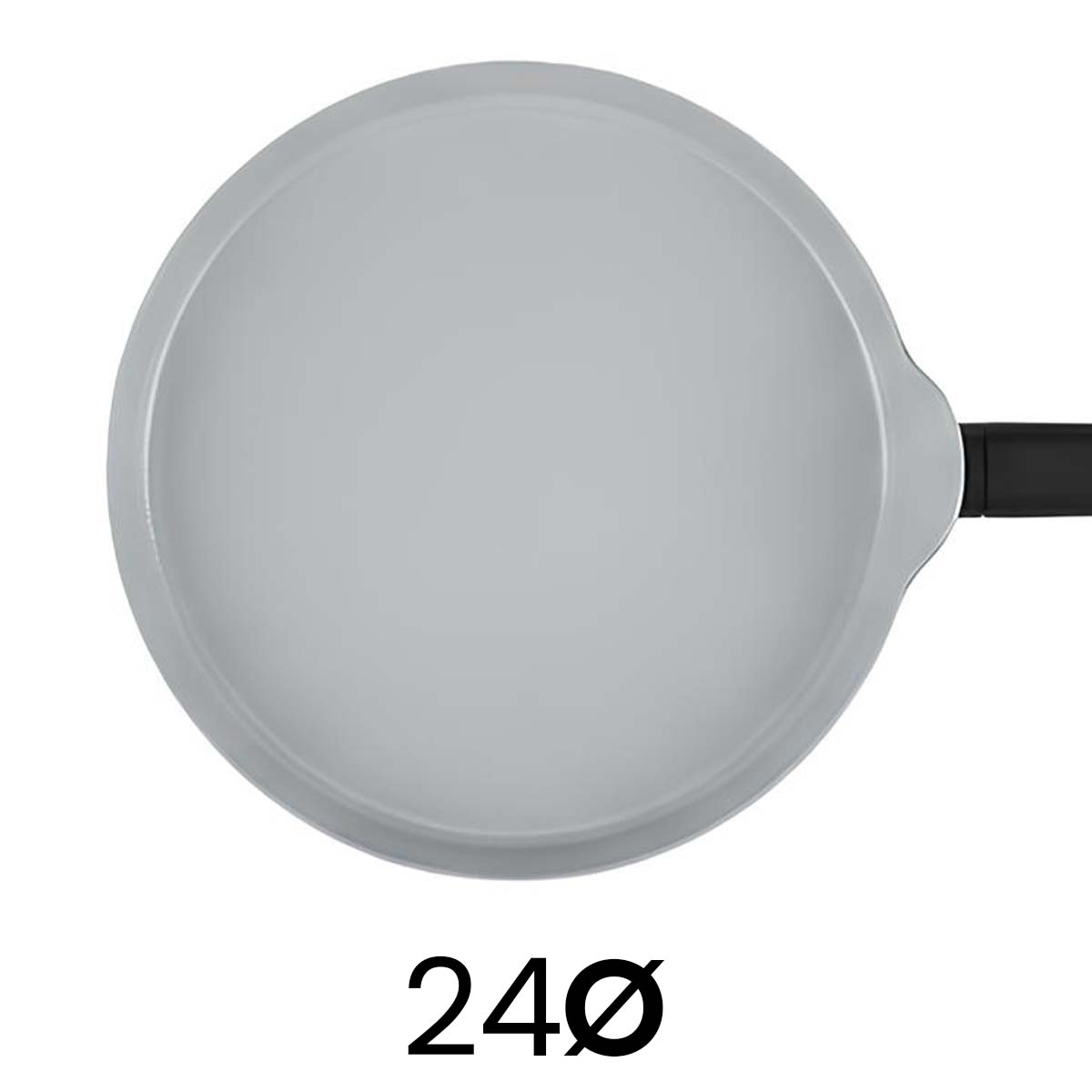 Vista superior de una sartén gris con mango negro, con el número 240 debajo.