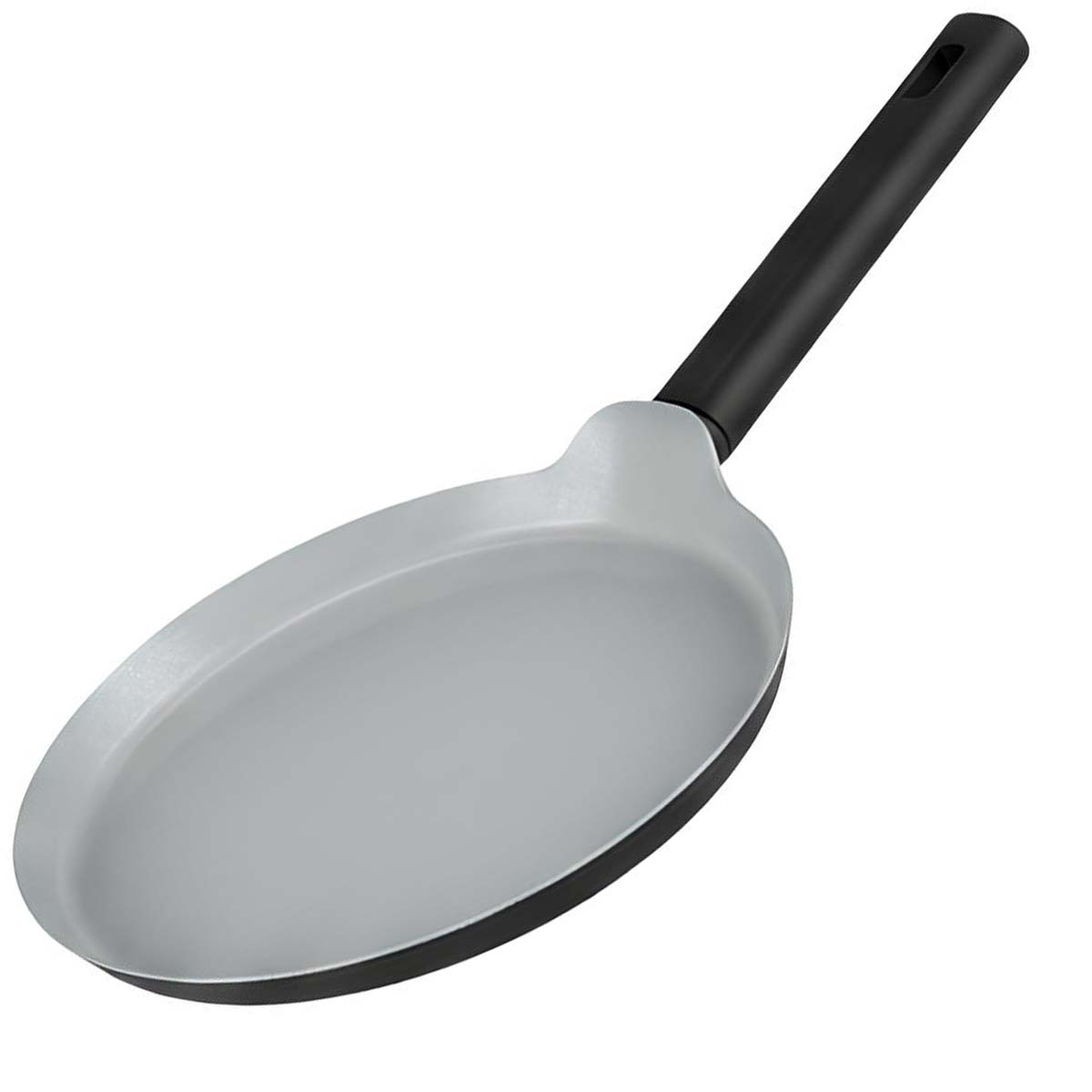 Una sartén negra con interior gris y mango largo sobre fondo blanco.