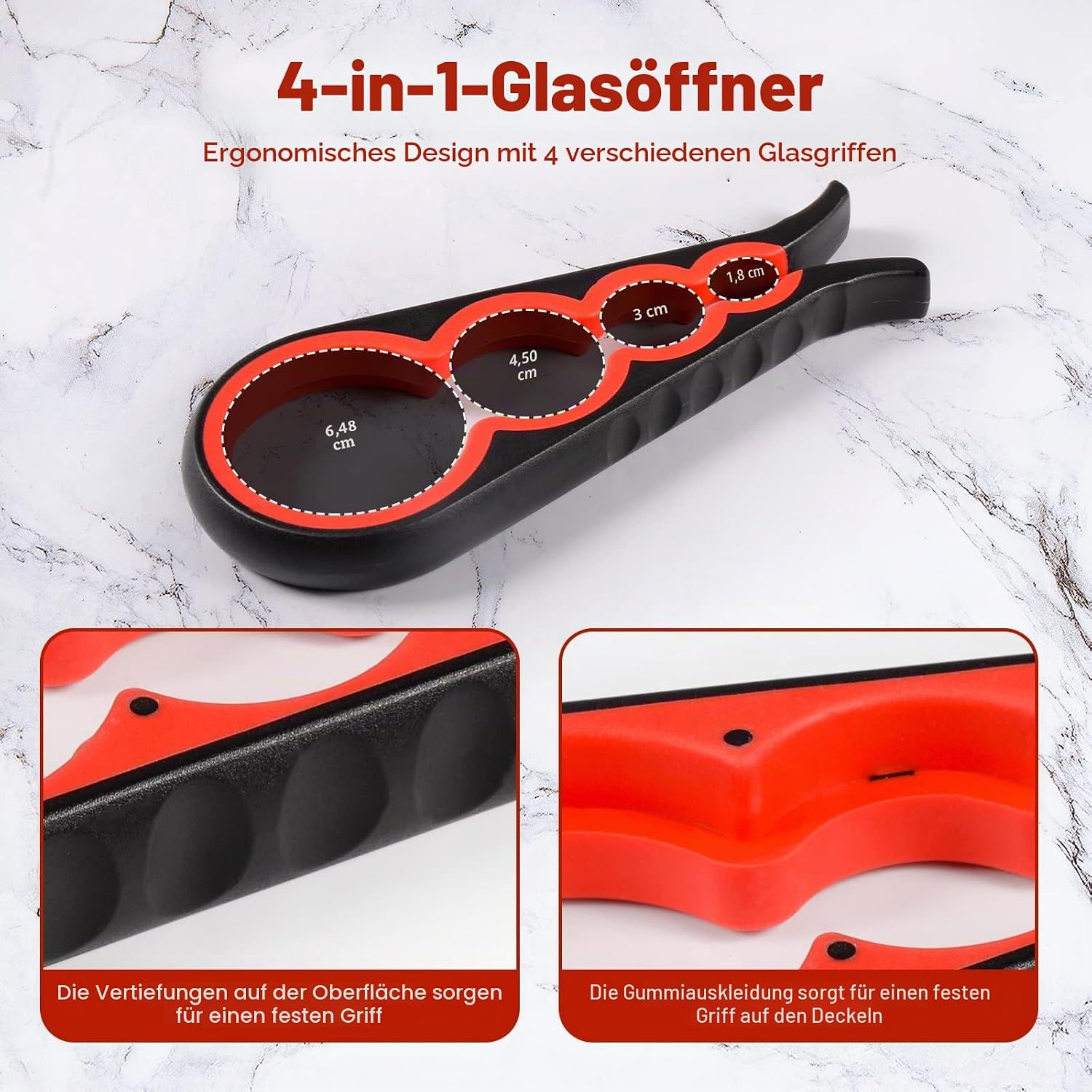 Ein schwarzer 4-in-1-Glasöffner mit roten Grip-Ringen und ergonomischem Design auf weißem Marmoruntergrund.