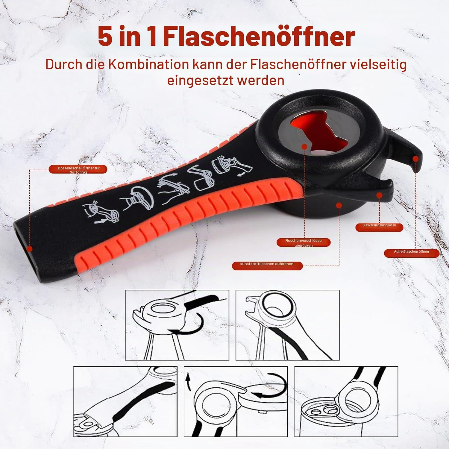 Ein schwarzer und orangefarbener 5-in-1-Flaschenöffner mit Funktionsdiagrammen vor weißem Marmorhintergrund.