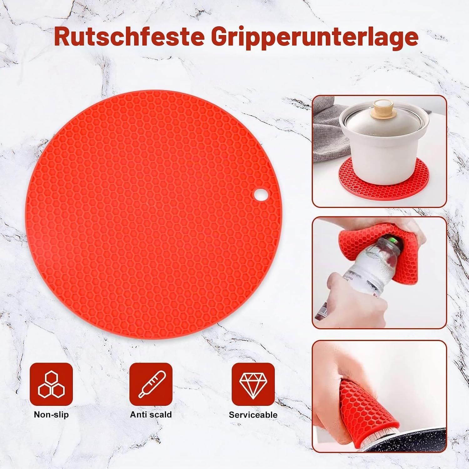 Rote, rutschfeste Silikon-Gripperunterlage mit Honigwabenmuster und Anwendungsbeispielen.