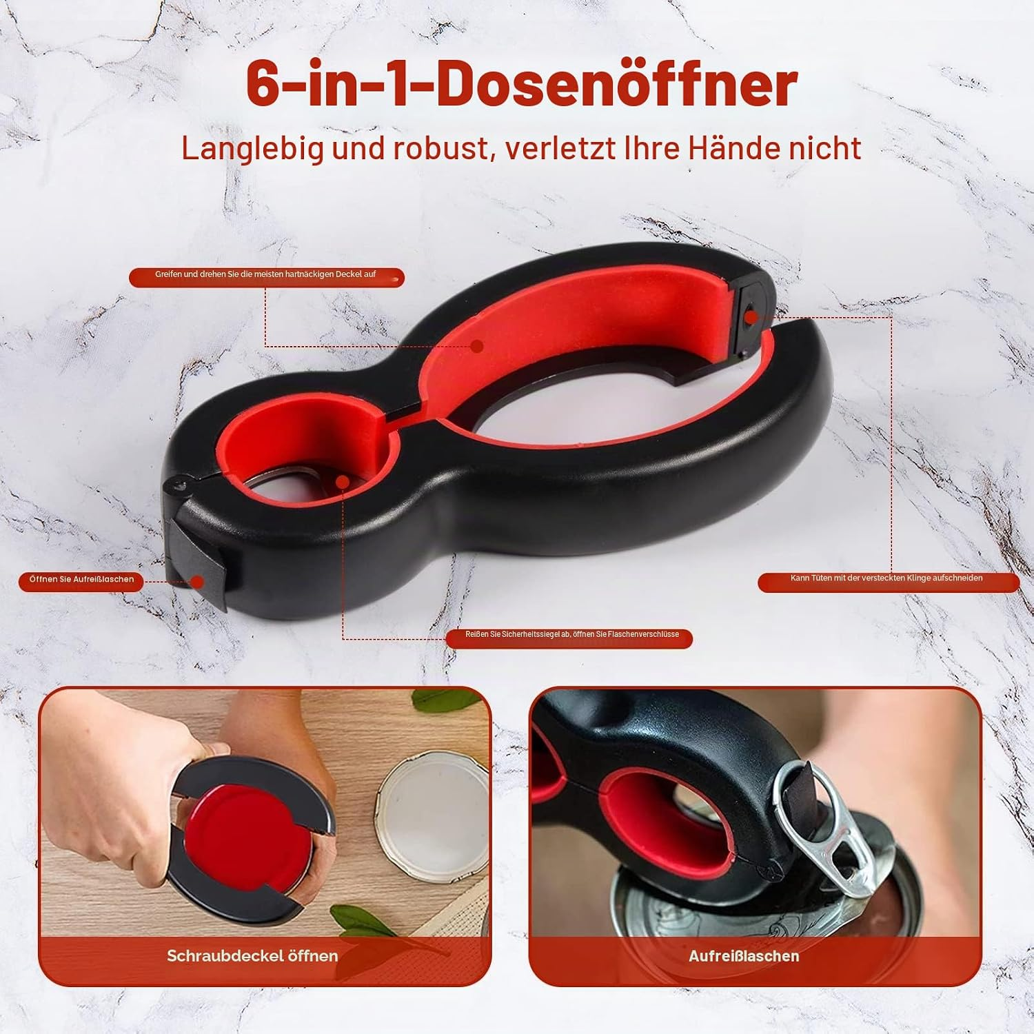 Ein schwarzer und roter Multifunktions-Dosenöffner mit Anleitung auf weißem Marmor.