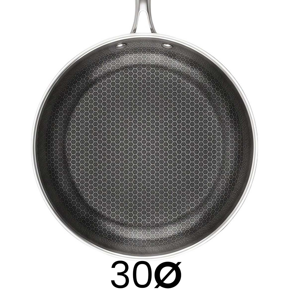 Sartén redonda plateada con patrón de panal hexagonal por dentro y el texto 30 con símbolo de diámetro abajo.