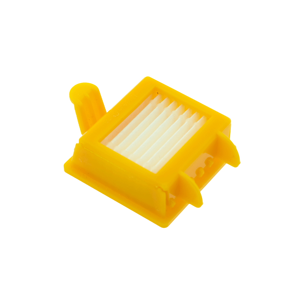 Piccolo filtro a cassetta giallo con elemento filtrante plissettato bianco all'interno su sfondo bianco.