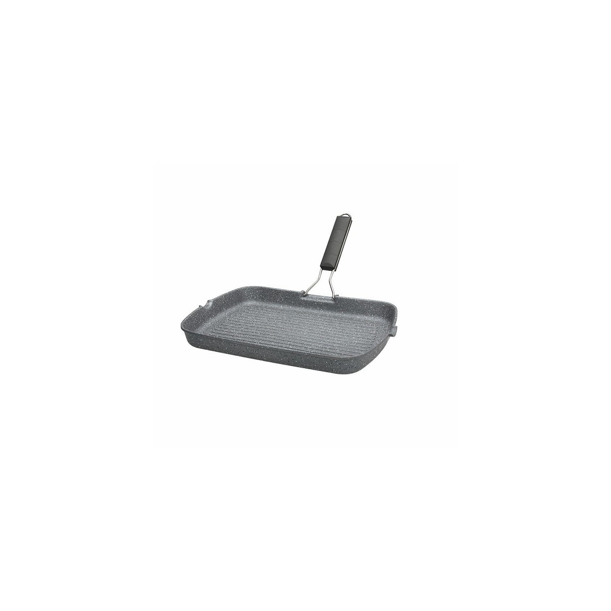 Una sartén grill rectangular gris con fondo acanalado y mango negro plegable sobre fondo blanco.