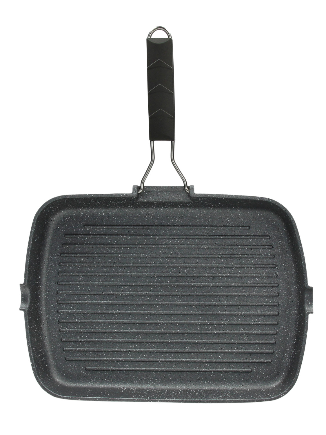 Una sartén grill gris y rectangular con fondo acanalado y mango negro sobre fondo blanco.