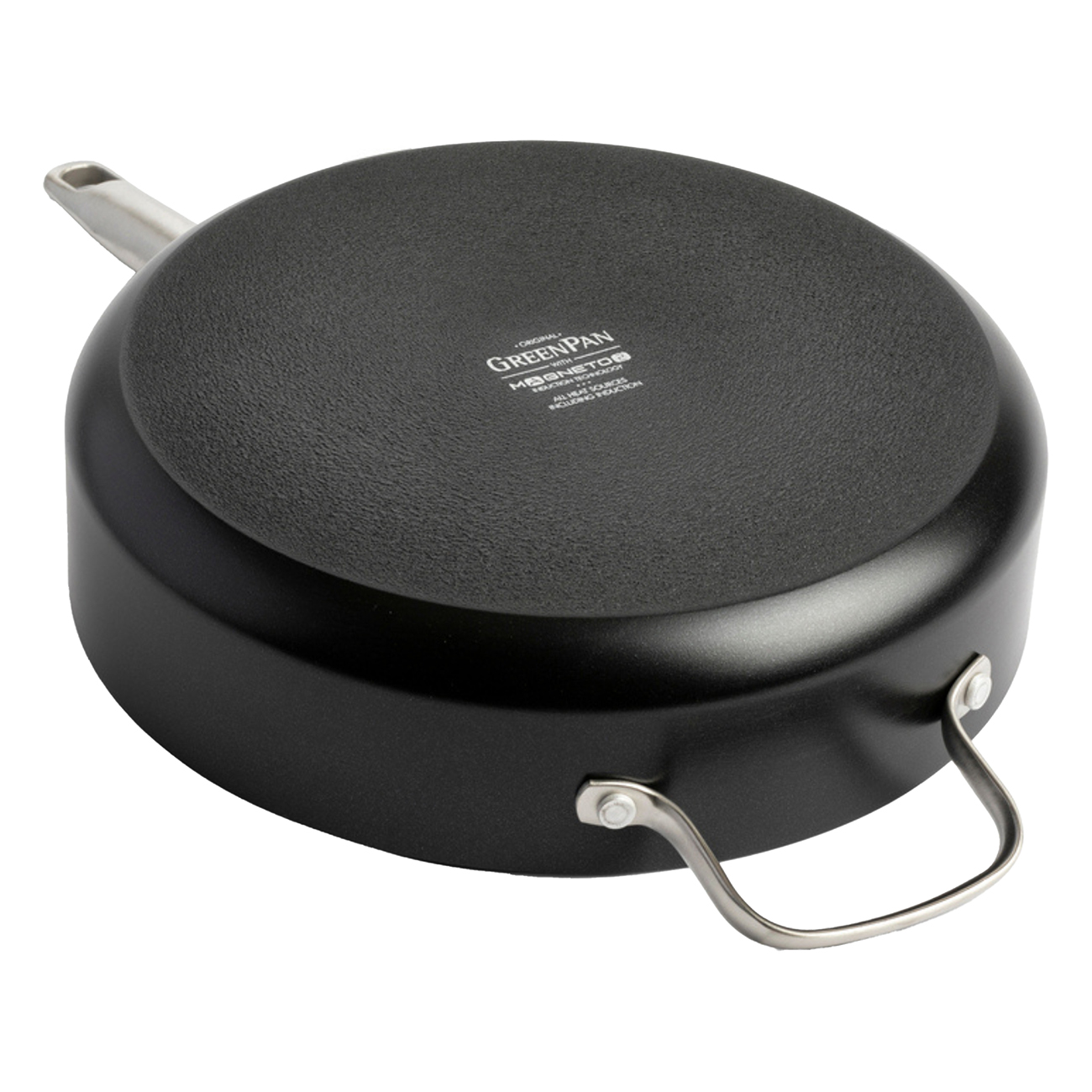 Eine schwarze GreenPan Bratpfanne upside down zeigt den grauen Boden und silberne Griffe.