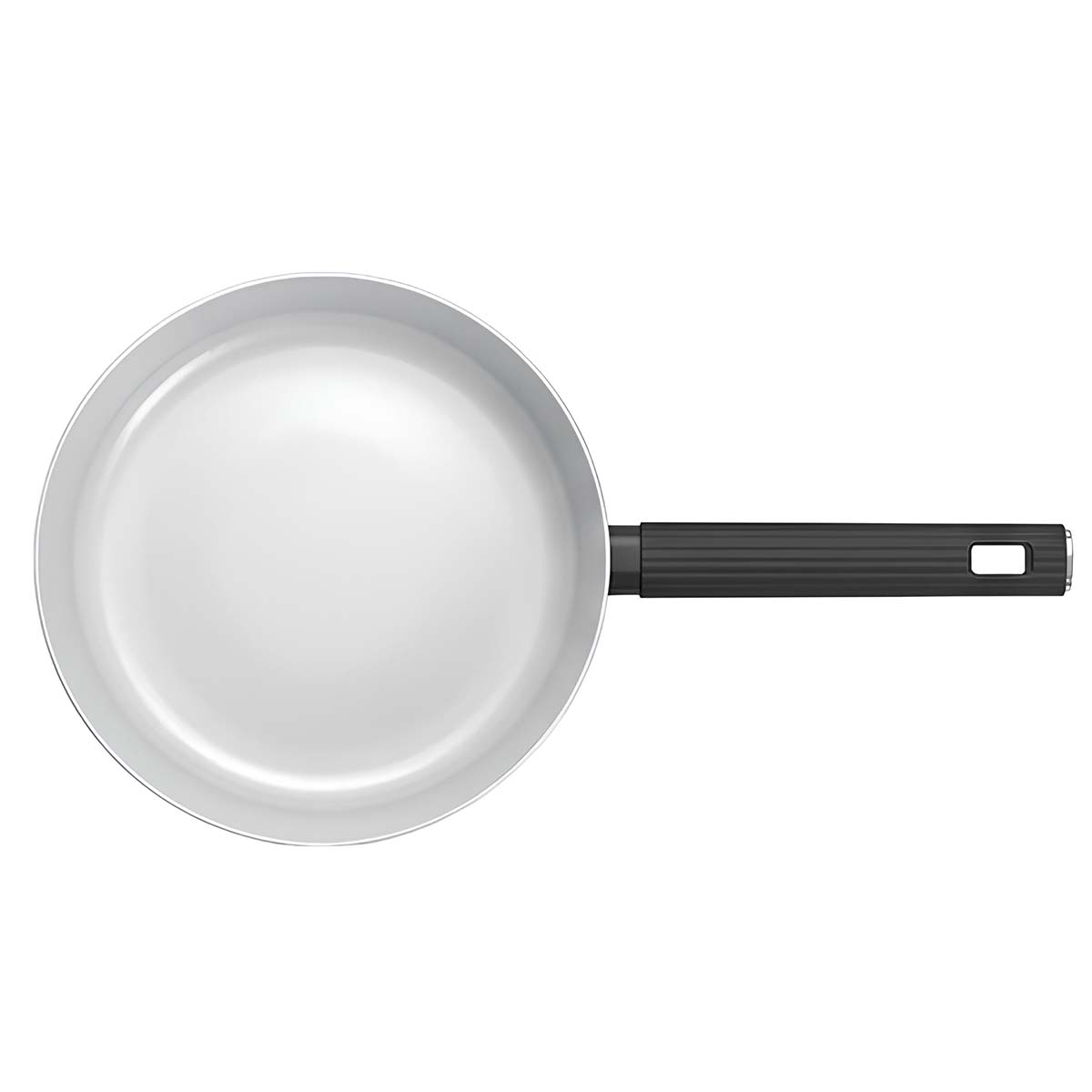 Una sartén blanca con interior blanco y mango negro largo sobre fondo blanco.