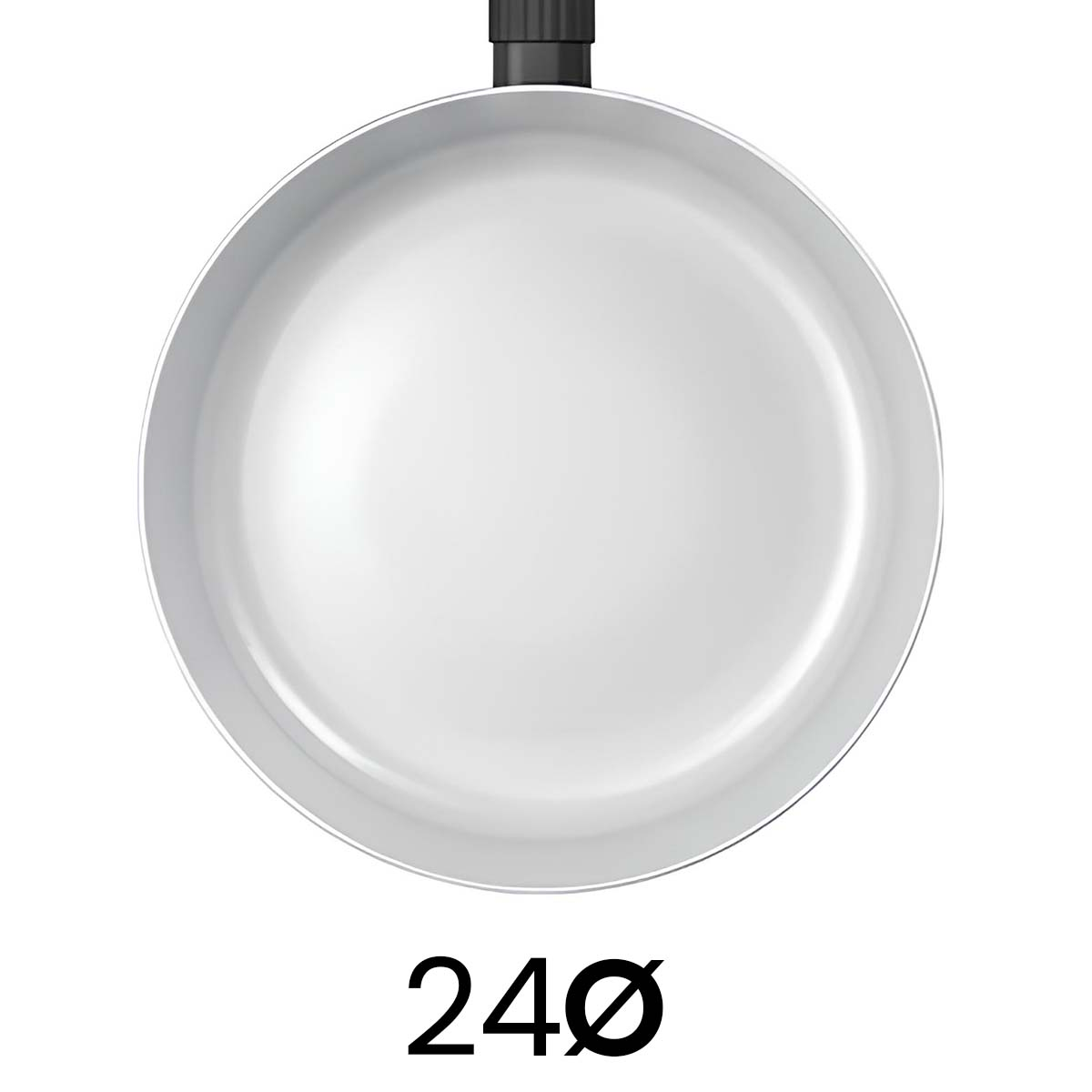Una sartén blanca con mango negro y el número 240 debajo.