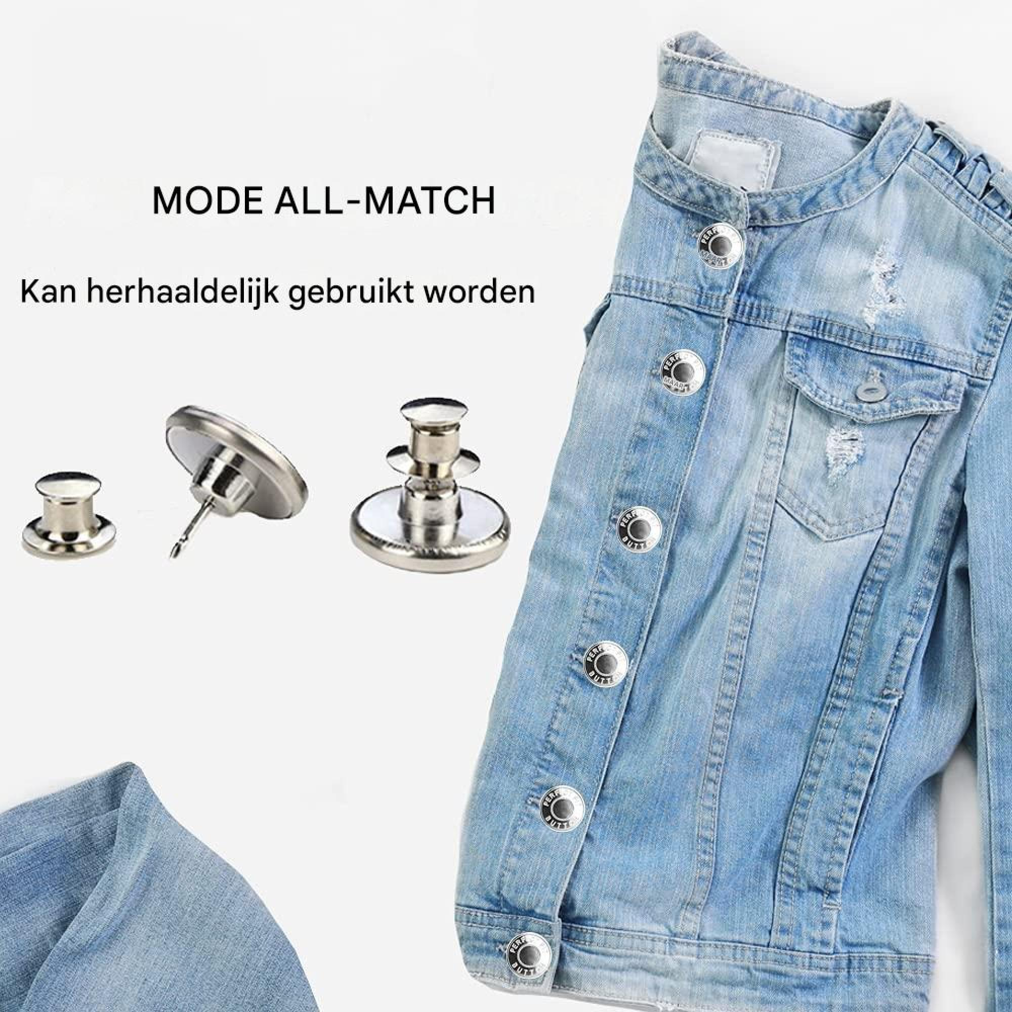 Blaue Jeansjacke mit austauschbaren Metallknöpfen, Text auf der linken Seite.