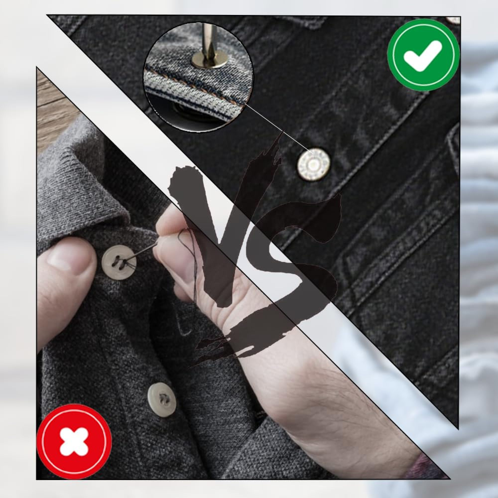 Vergleich zweier Kleidungsstücke: Hand näht Knopf an (links, rot) versus stabiler Metallniet (rechts, grün).