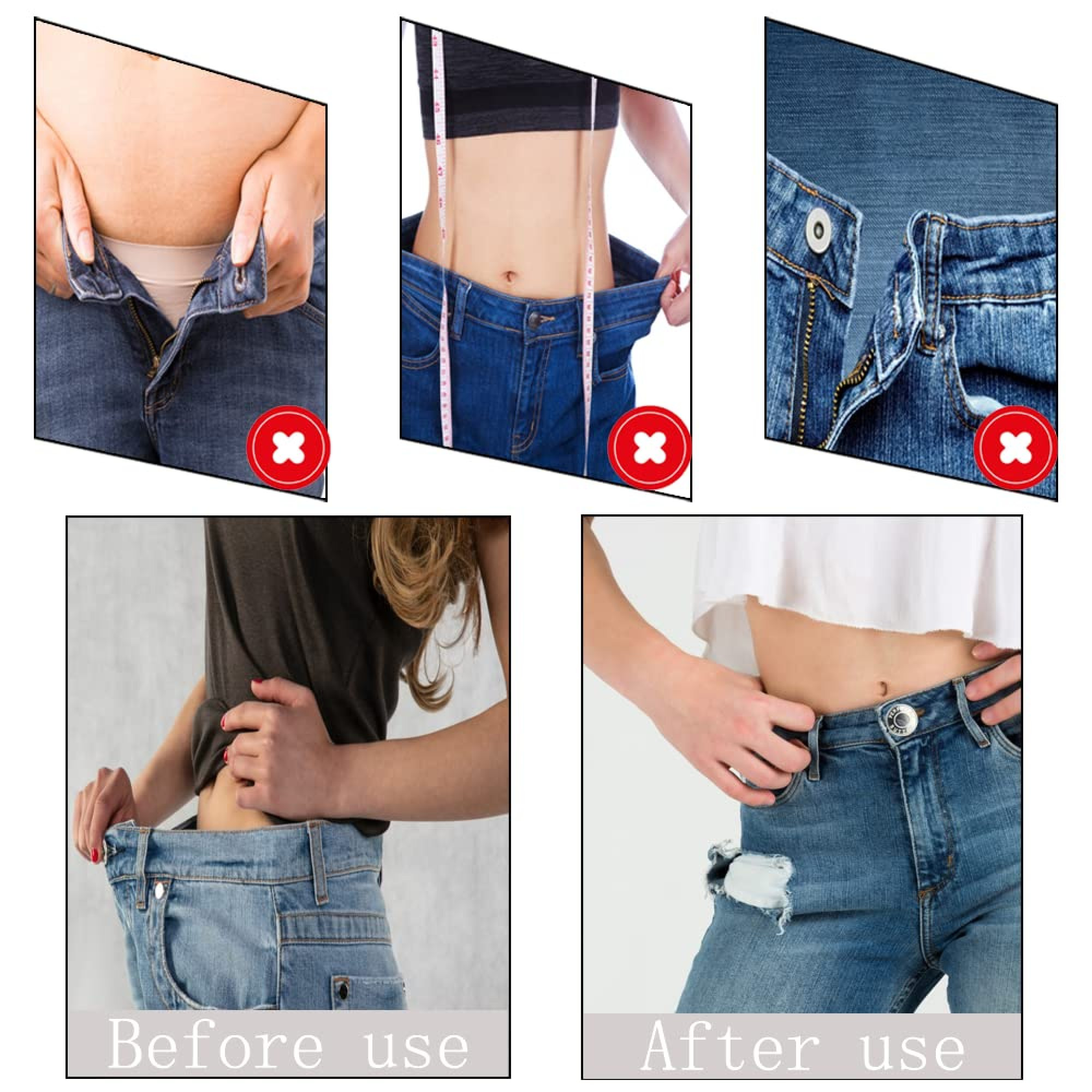 Vergleichsbilder zeigen weite Jeans vorher und gut sitzende Jeans mit Knopf nach der Anwendung.