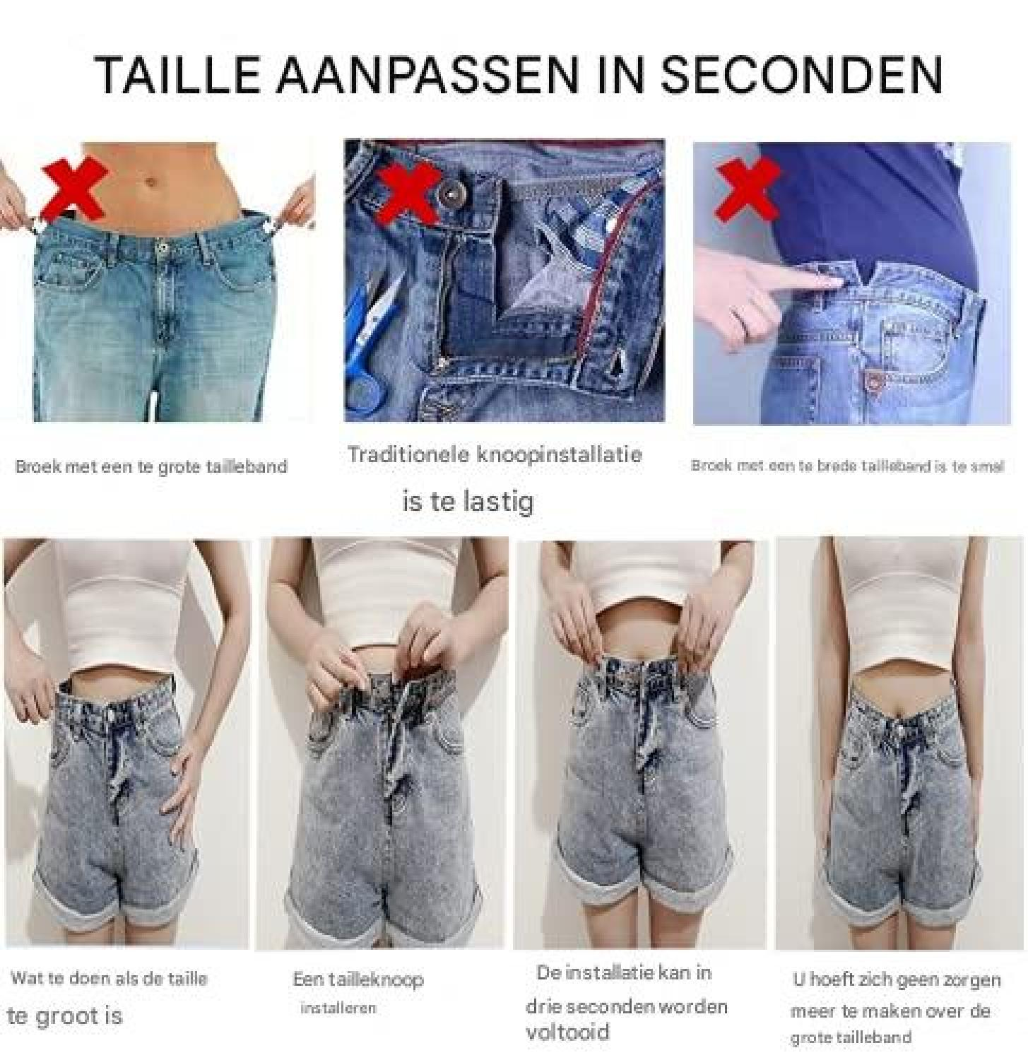 Anleitung zur schnellen Taillenanpassung bei Jeans mit zu großem Bund durch einfache Knöpfe.