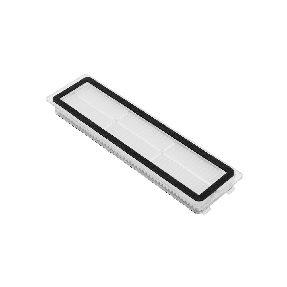 Un filtro per aspirapolvere bianco rettangolare con guarnizione in schiuma nera su sfondo bianco.