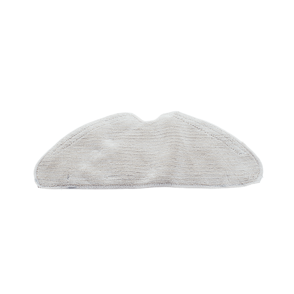 Un panno per mocio in microfibra grigio chiaro a forma di mezzaluna su sfondo bianco.