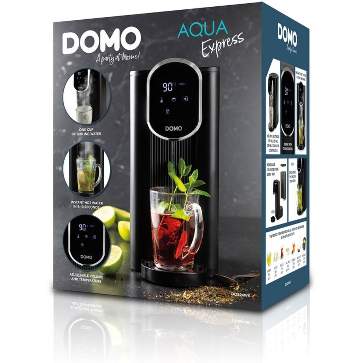 Verpackung des DOMO Aqua Express Heißwasserspenders mit digitalem Display und gefüllter Teetasse.