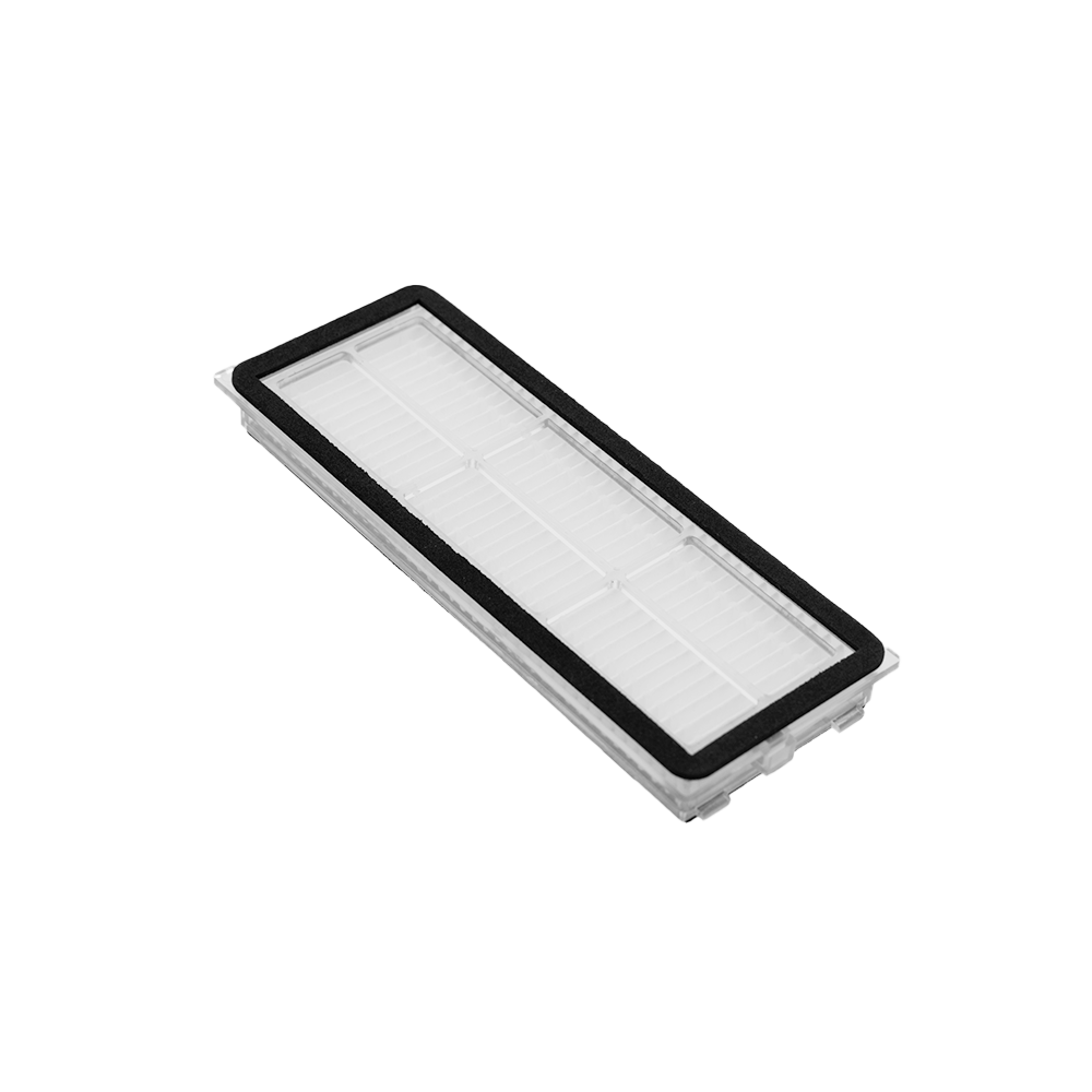 Un filtro per aspirapolvere rettangolare con struttura plissettata bianca e bordo di tenuta nero su sfondo bianco.