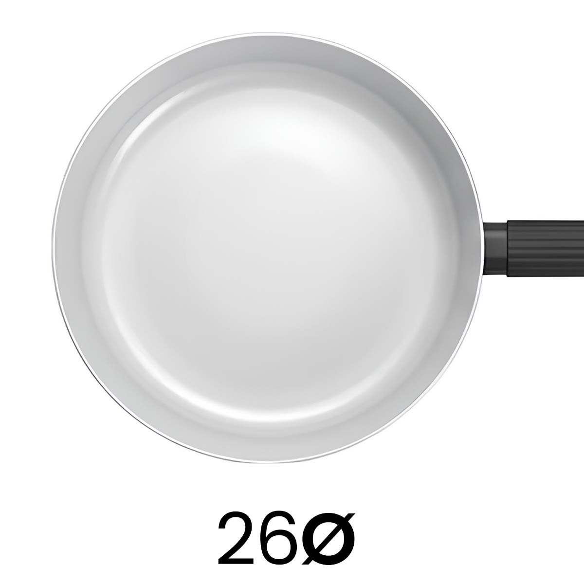 Vista cenital de una sartén blanca con mango negro y el texto 26ø sobre fondo blanco.