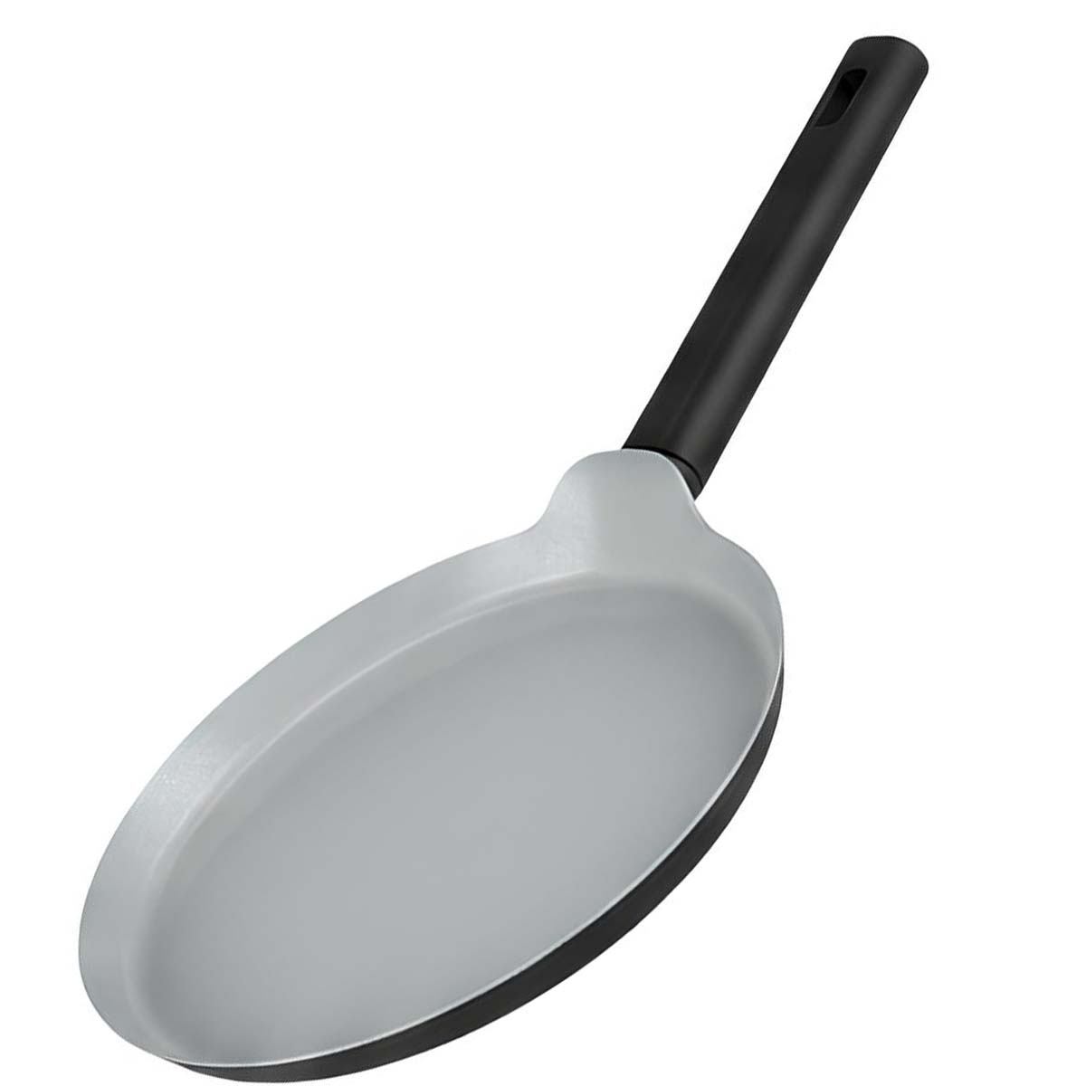 Una sartén gris con mango negro sobre fondo blanco.