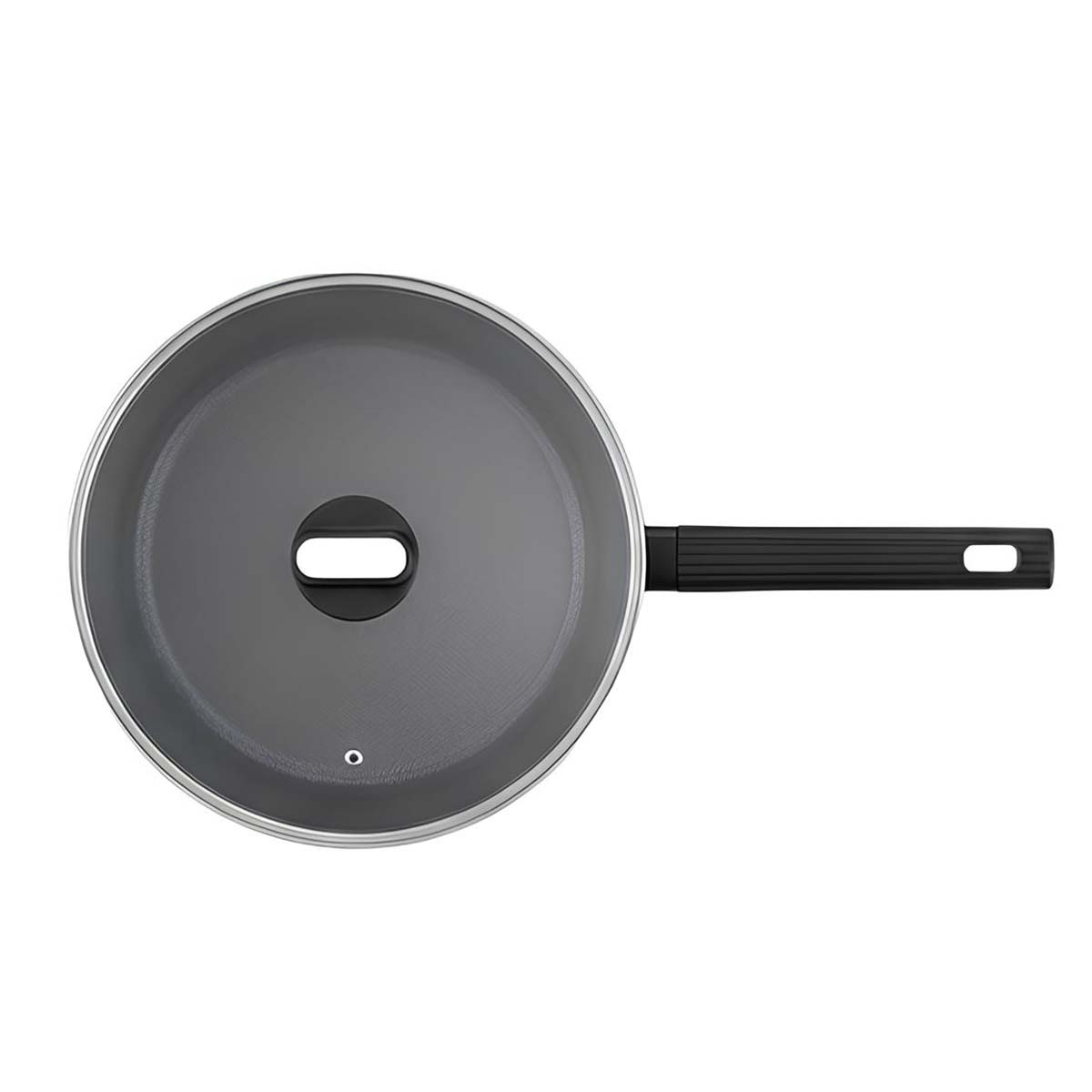 Una sartén gris con mango negro y tapa a juego, vista desde arriba sobre fondo blanco.