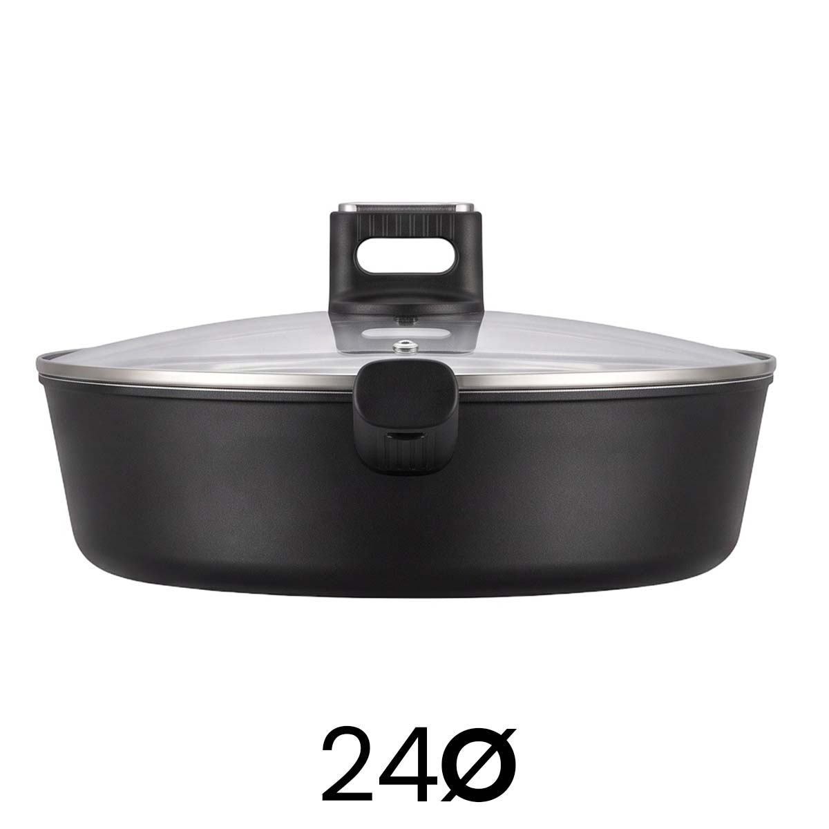 Sartén negra con tapa de cristal y el número 240 debajo.