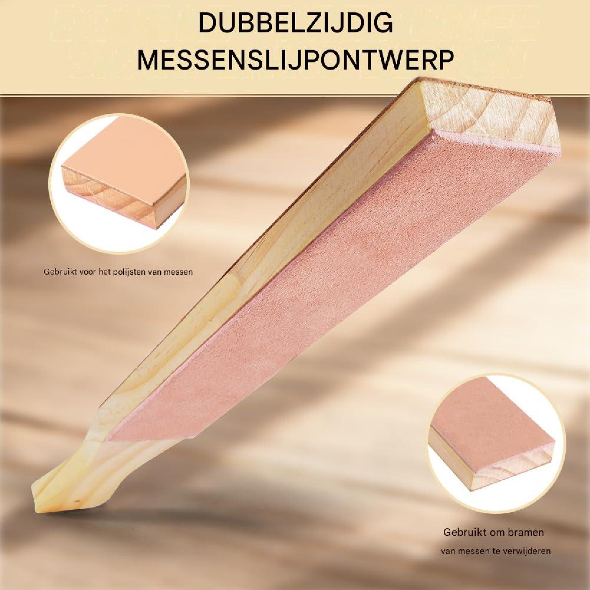 Doppelseitiges Messermahlen Design aus Holz mit zwei runden Ausschnitten und Text auf Niederländisch.