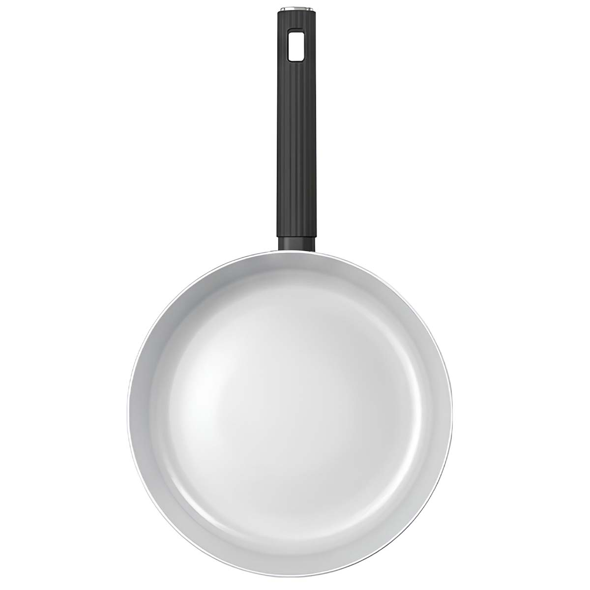 Eine weiße Bratpfanne mit weißer Keramikbeschichtung und einem langen schwarzen Griff auf weißem Hintergrund.