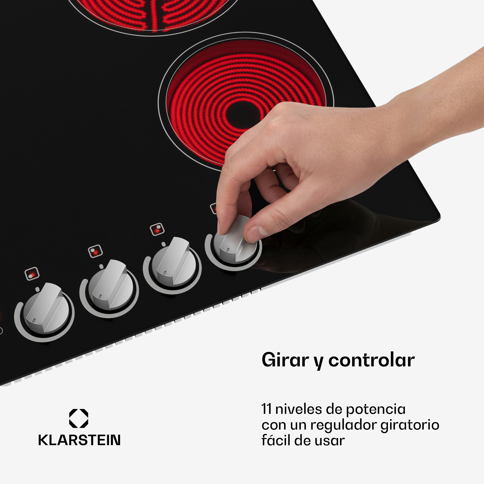 Eine Hand dreht den Regler einer schwarzen Klarstein-Cerankochmulde mit rot glühenden Kochzonen.