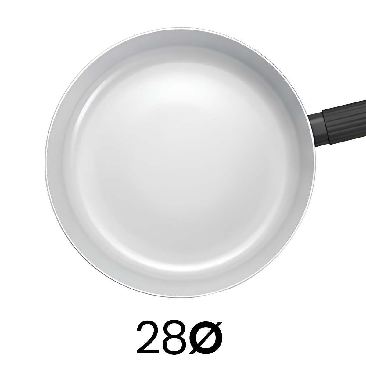 Vista superior de una sartén blanca con mango negro, con el número 28 y un símbolo de diámetro debajo.