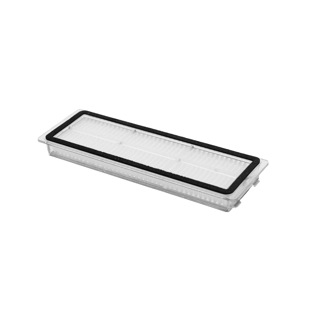 Filtro per aspirapolvere rettangolare con materiale plissettato bianco e guarnizione nera su sfondo bianco.
