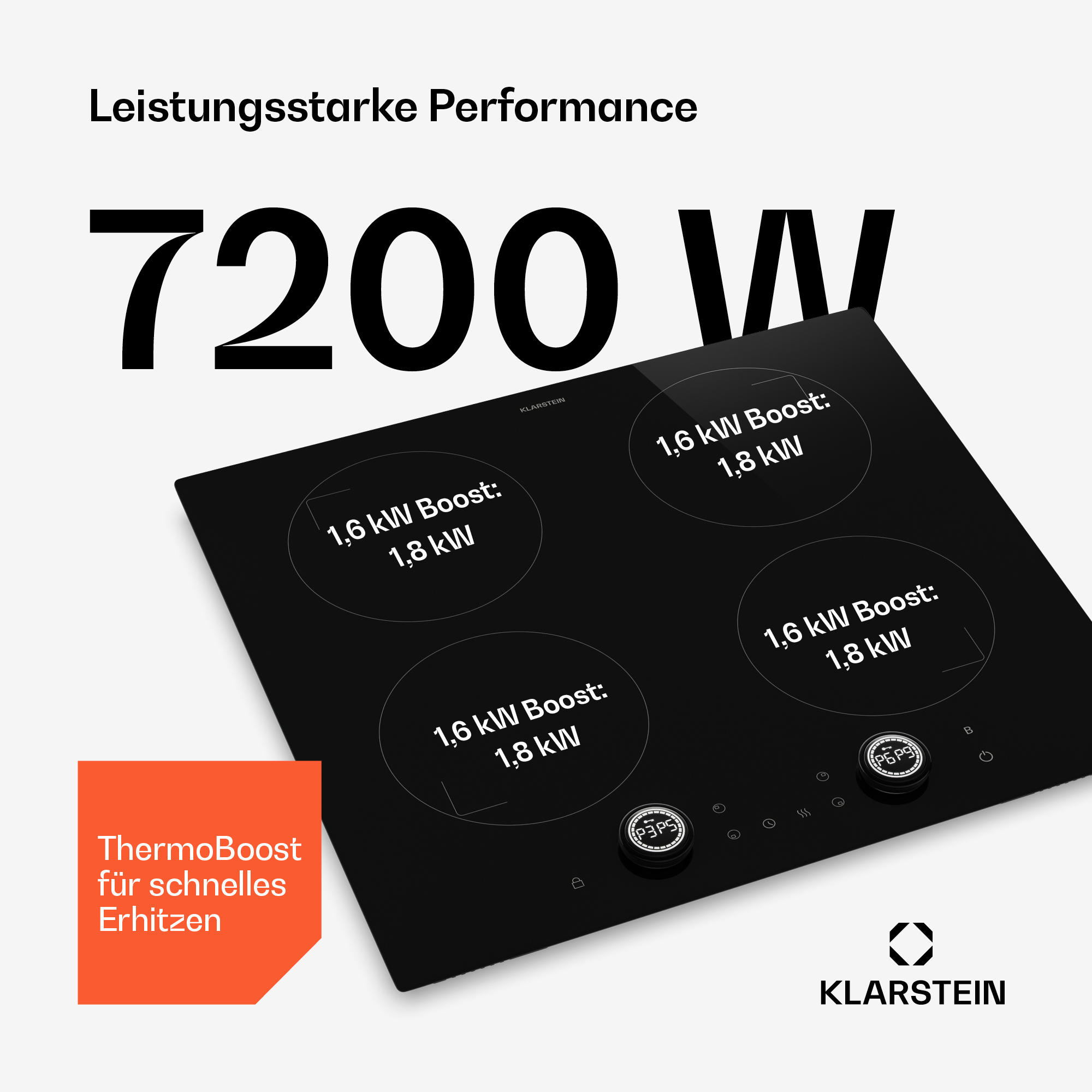 Klarstein Induktionskochfeld mit 7200W und ThermoBoost Funktion für schnelles Erhitzen auf vier Kochzonen.