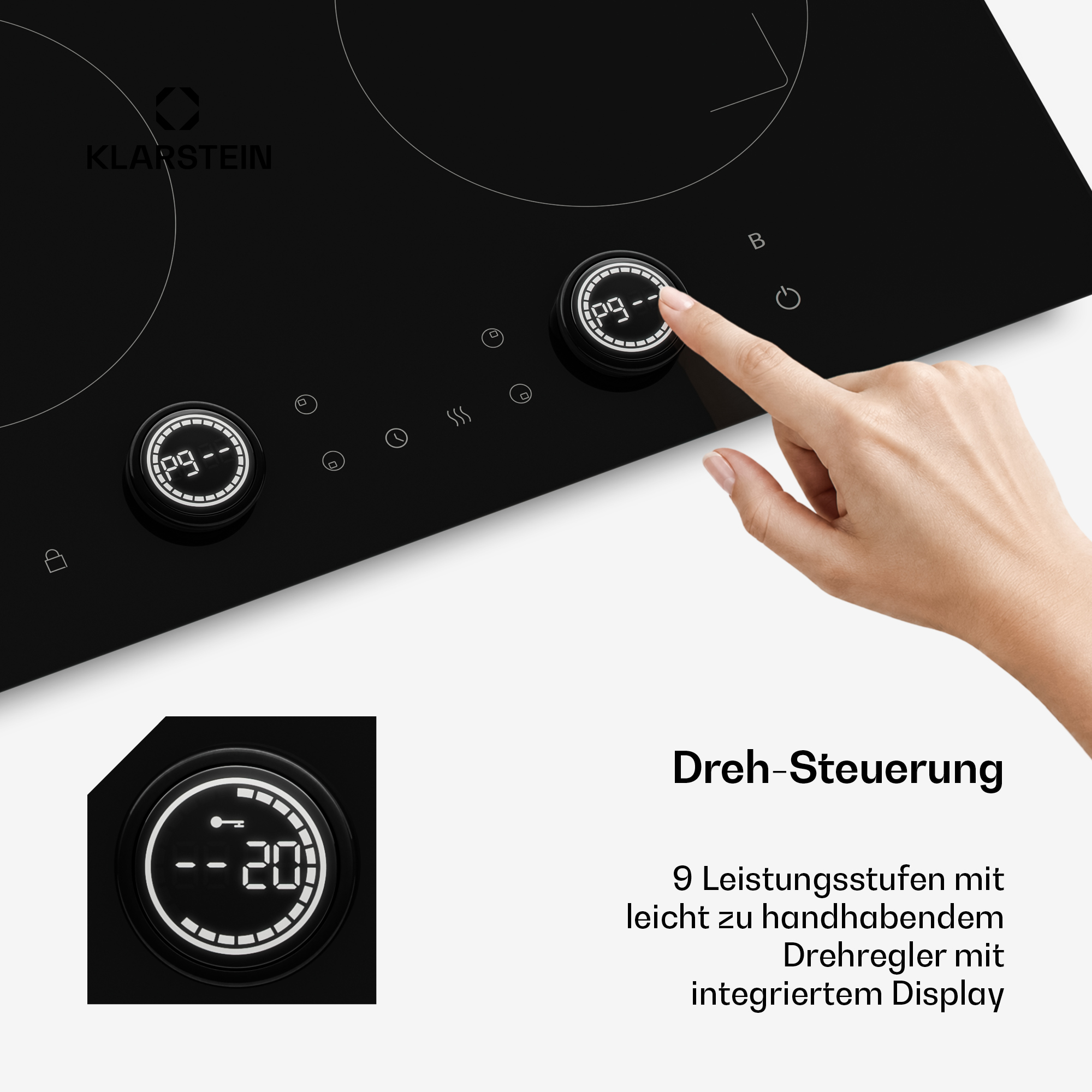 Hand bedient runden Drehregler auf schwarzem Induktionskochfeld mit digitaler Anzeige.