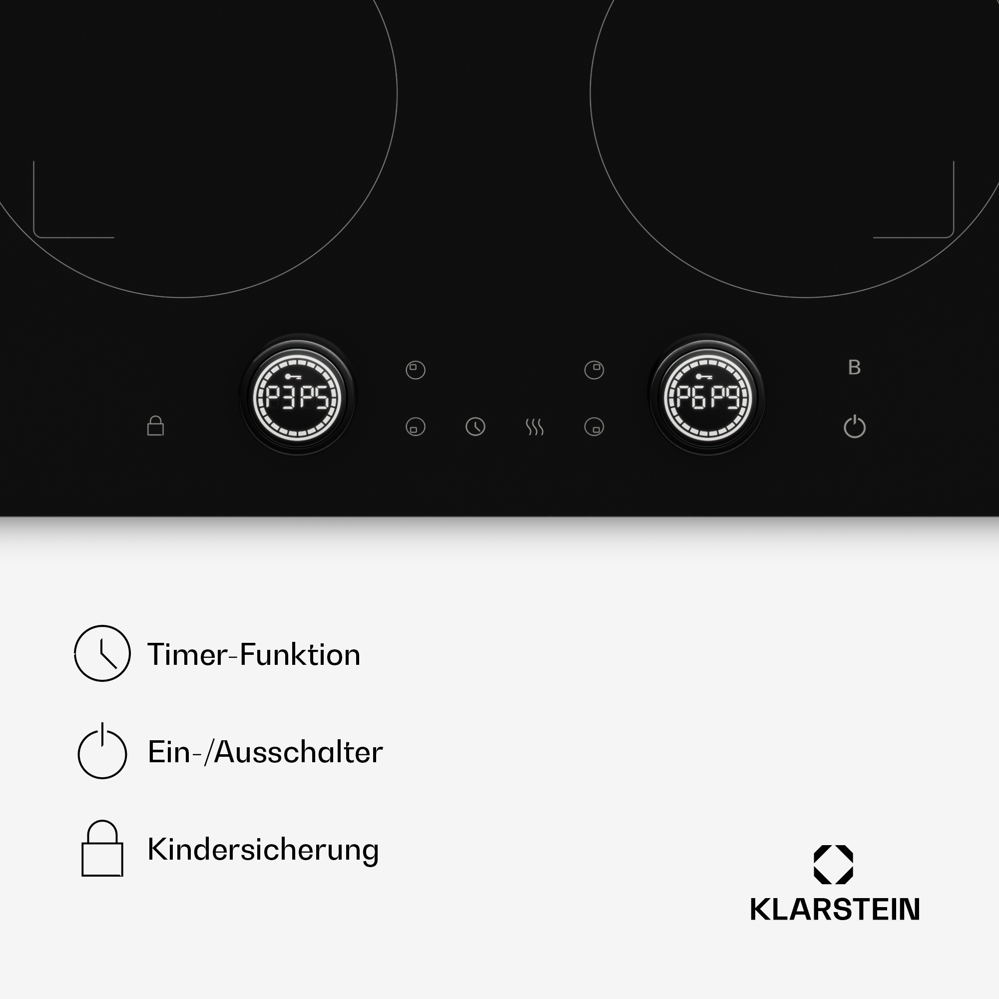 Schwarzes Klarstein-Induktionskochfeld mit Touch-Bedienfeld und Erklärungen für Timer, Ein/Aus und Kindersicherung.