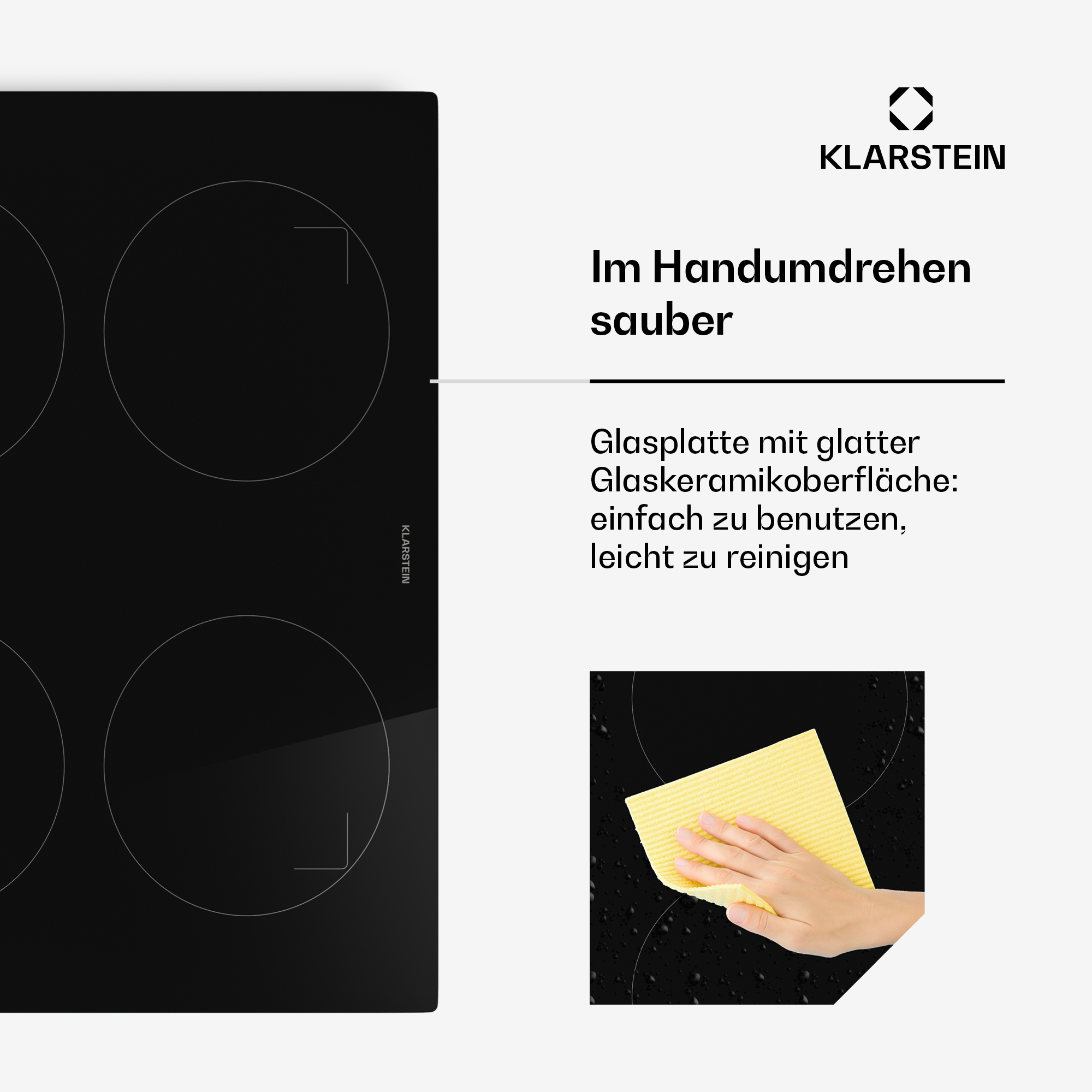 Hand wischt schwarzes Glaskeramik-Kochfeld mit gelbem Tuch.