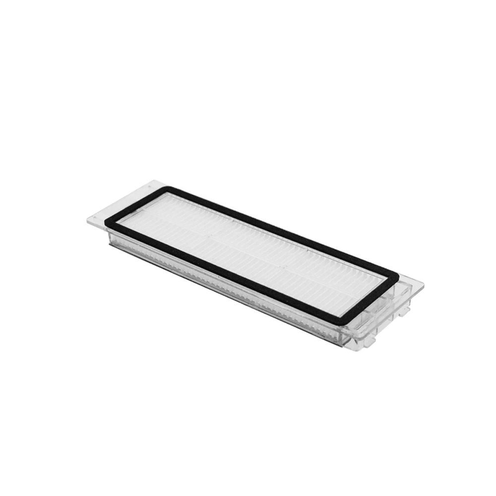 Un filtro per aspirapolvere rettangolare con materiale plisettato bianco e guarnizione in gomma nera.