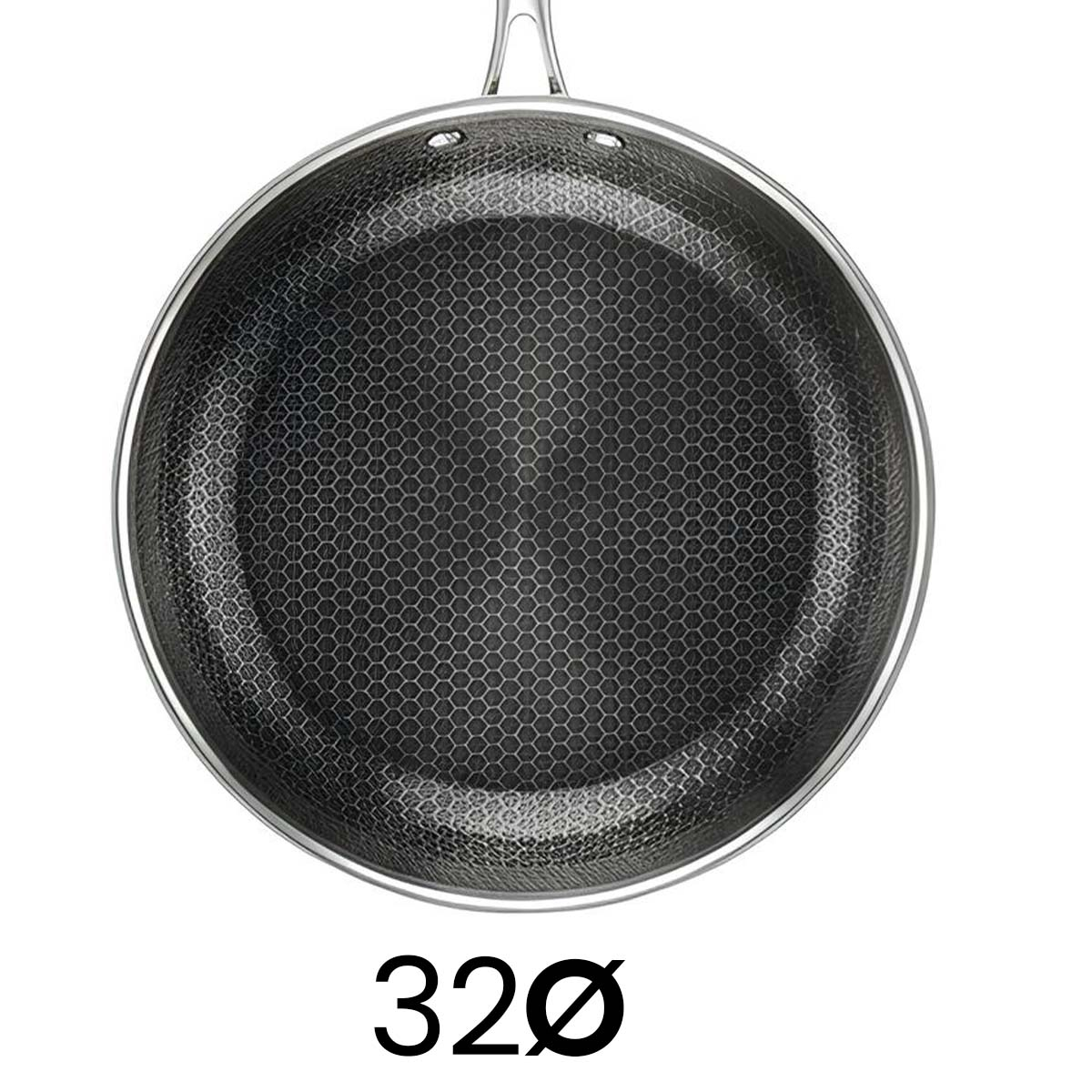 Una sartén de acero inoxidable con un diámetro interior de 32 cm y un interior texturizado de panal hexagonal.