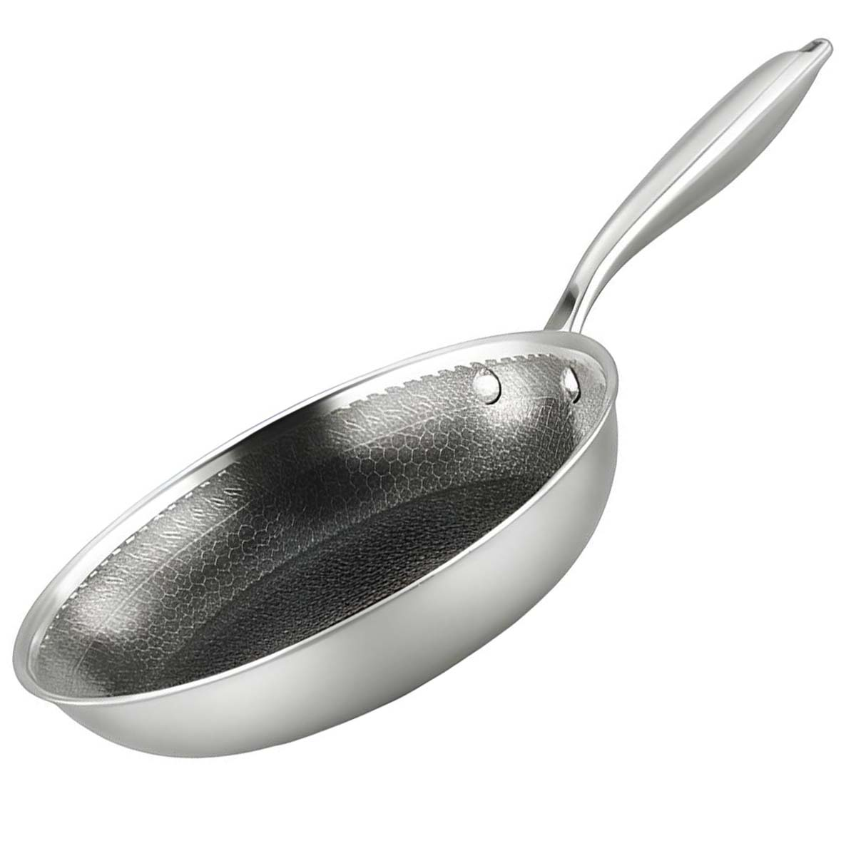 Una sartén de acero inoxidable con interior texturizado y mango largo sobre fondo blanco.