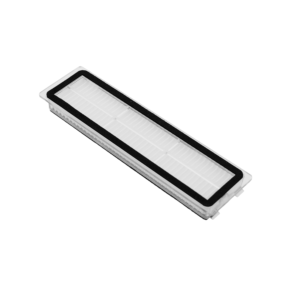 Rechteckiger Staubsaugerfilter mit weißem Faltenmaterial und schwarzem Schaumstoffrand.