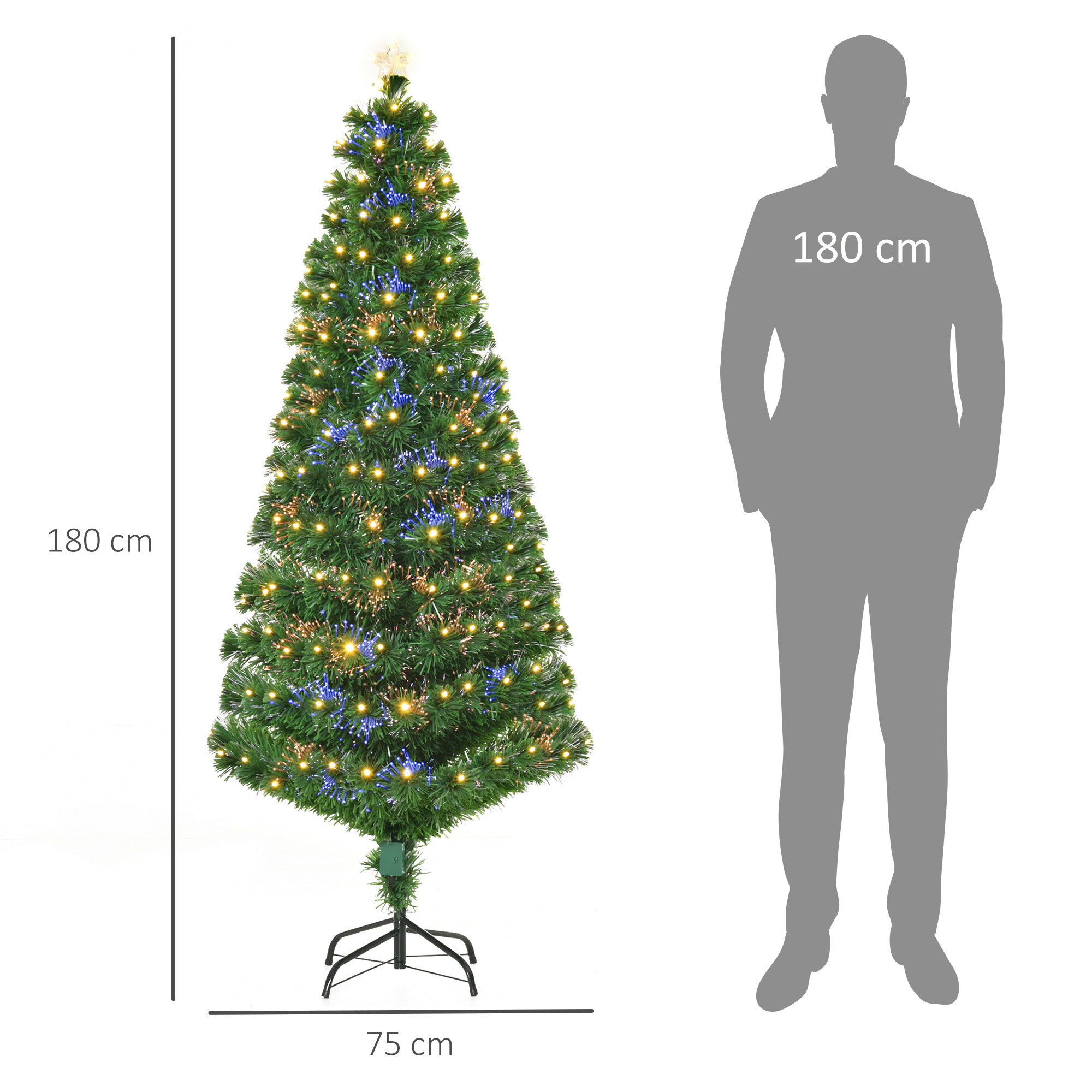 Árbol de navidad de 180 cm con luces junto a la silueta de una persona para comparar el tamaño.