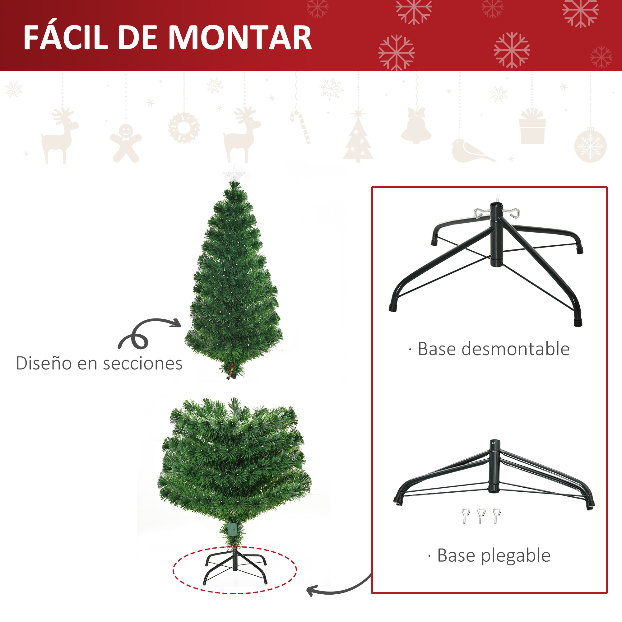 Gráfico explicativo de un árbol de Navidad artificial fácil de montar, diseño por secciones y base metálica plegable.
