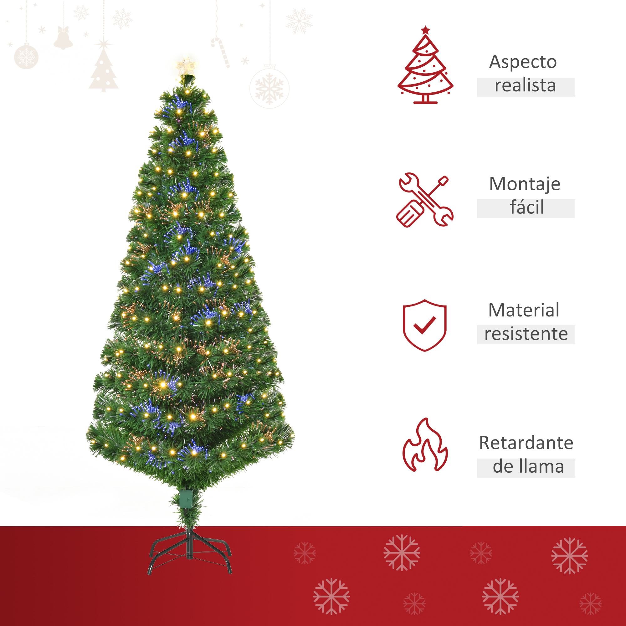 Árbol de Navidad iluminado con características a la derecha e iconos de copos de nieve.