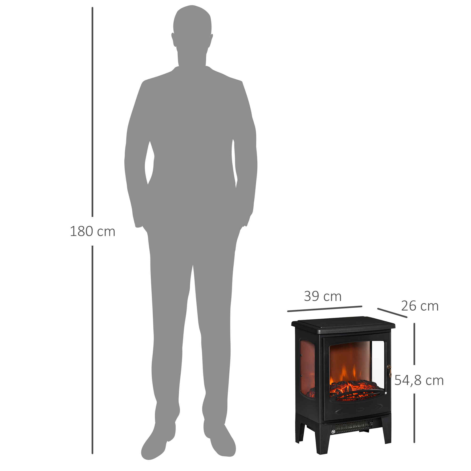 Dibujo técnico con dimensiones de una pequeña chimenea eléctrica junto a una persona.
