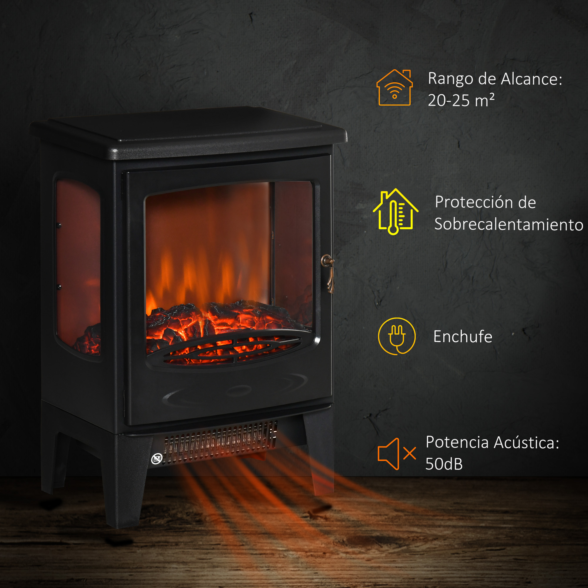Estufa eléctrica negra con efecto llama e infografías de alcance, protección, enchufe y potencia acústica.