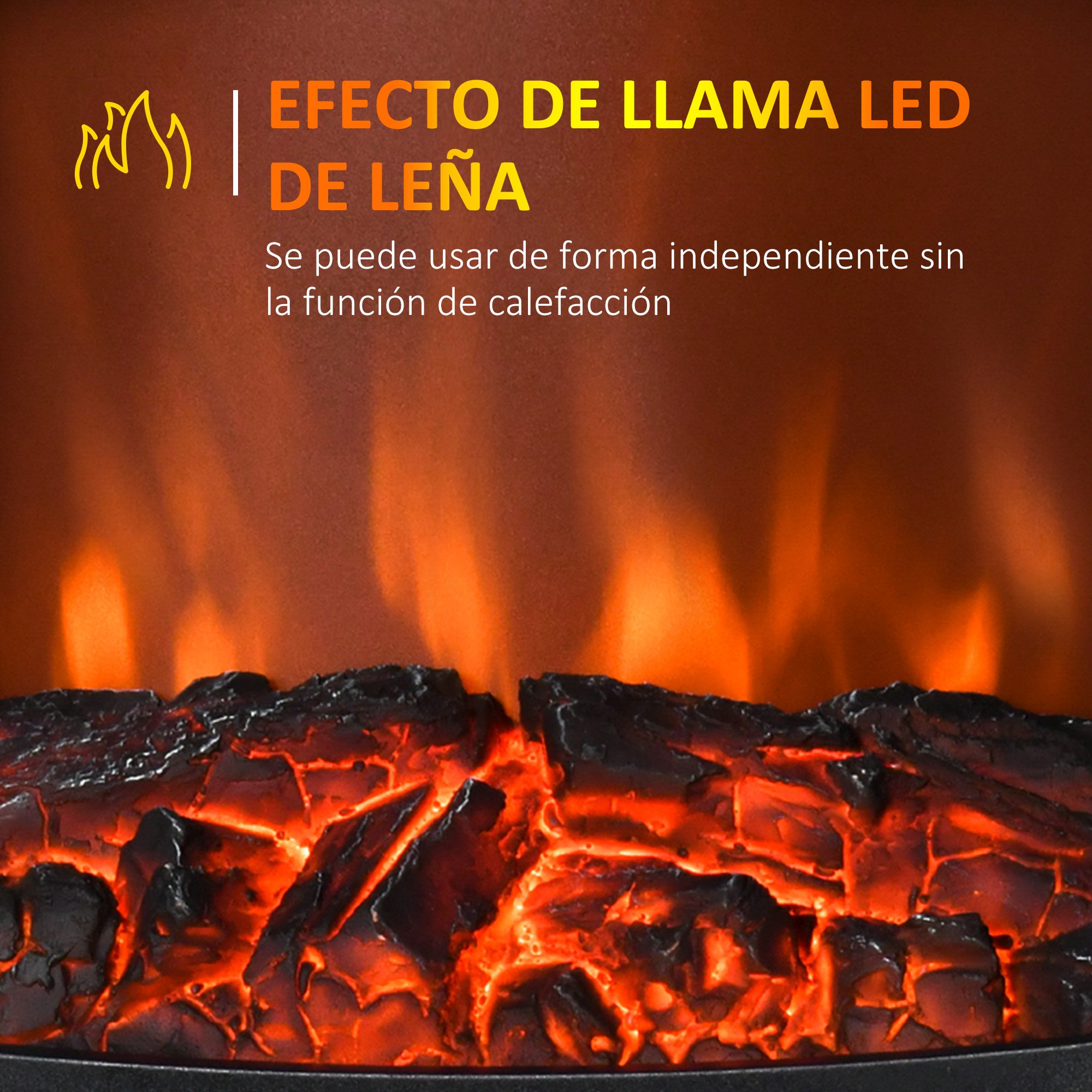 Leños artificiales brillantes con llamas LED de color naranja brillante y texto en español arriba.