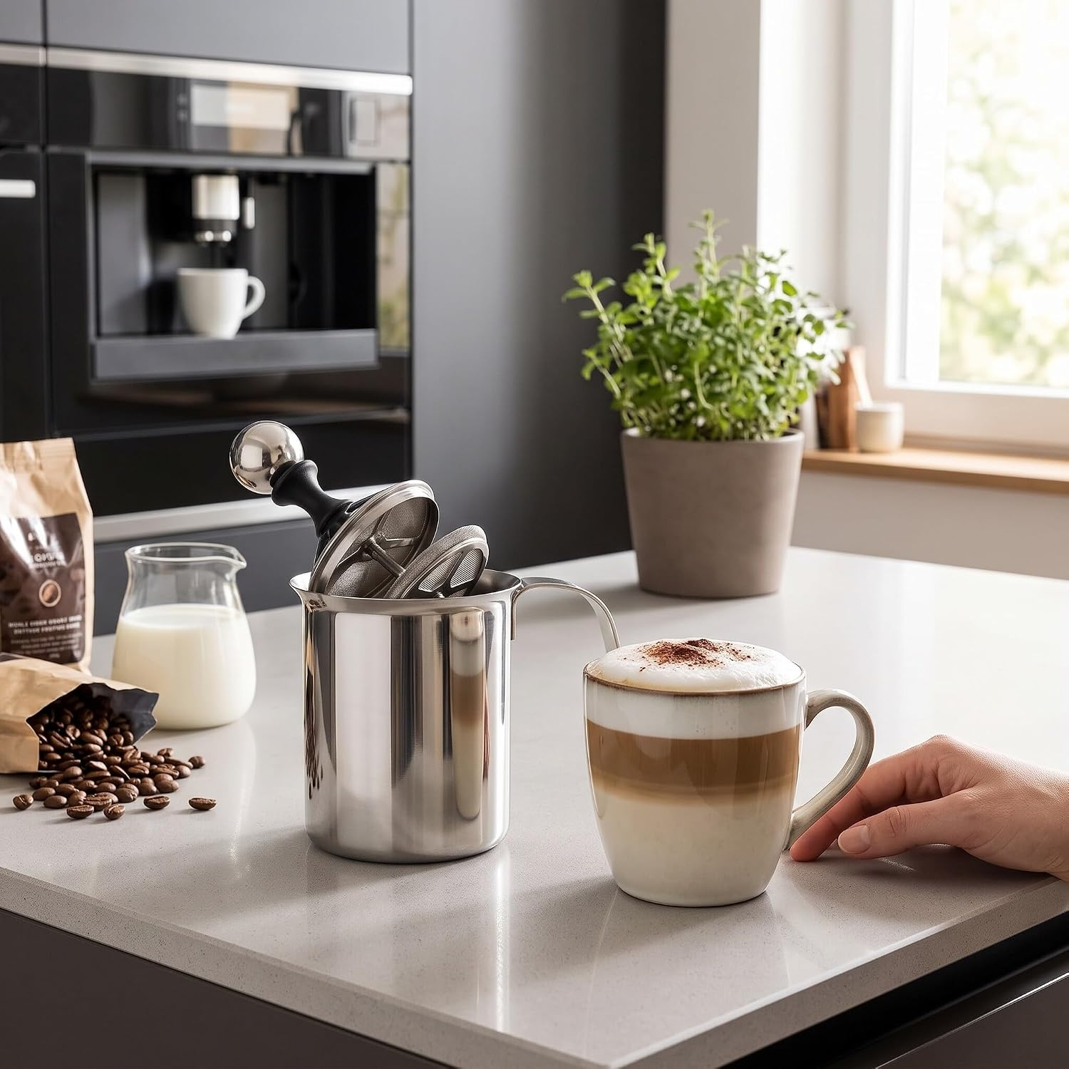 Eine Kaffeetasse, Milch, Kaffeebohnen und ein Milchaufschäumer auf einer Küchentheke mit einer Kaffeemaschine im Hintergrund.