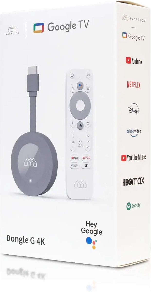 Weiße Verpackung des Homatics Dongle G 4K mit grauem Streaming-Stick, weißer Fernbedienung und App-Logos.
