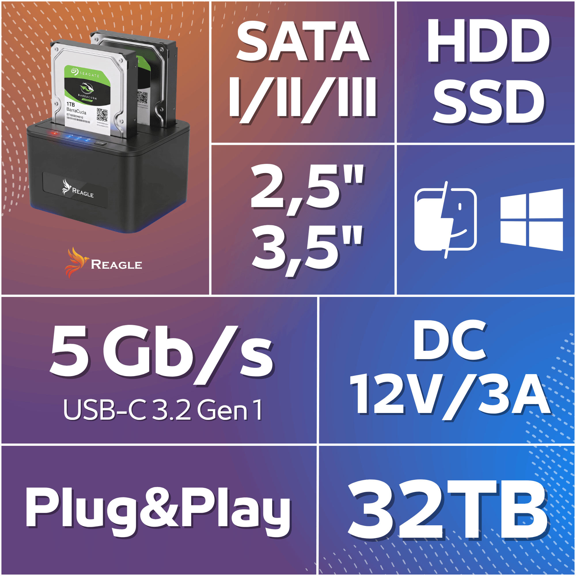 Obraz promocyjny stacji dokującej Reagle HDD/SSD ze specyfikacją, taką jak 5 Gb/s, SATA i kompatybilność.