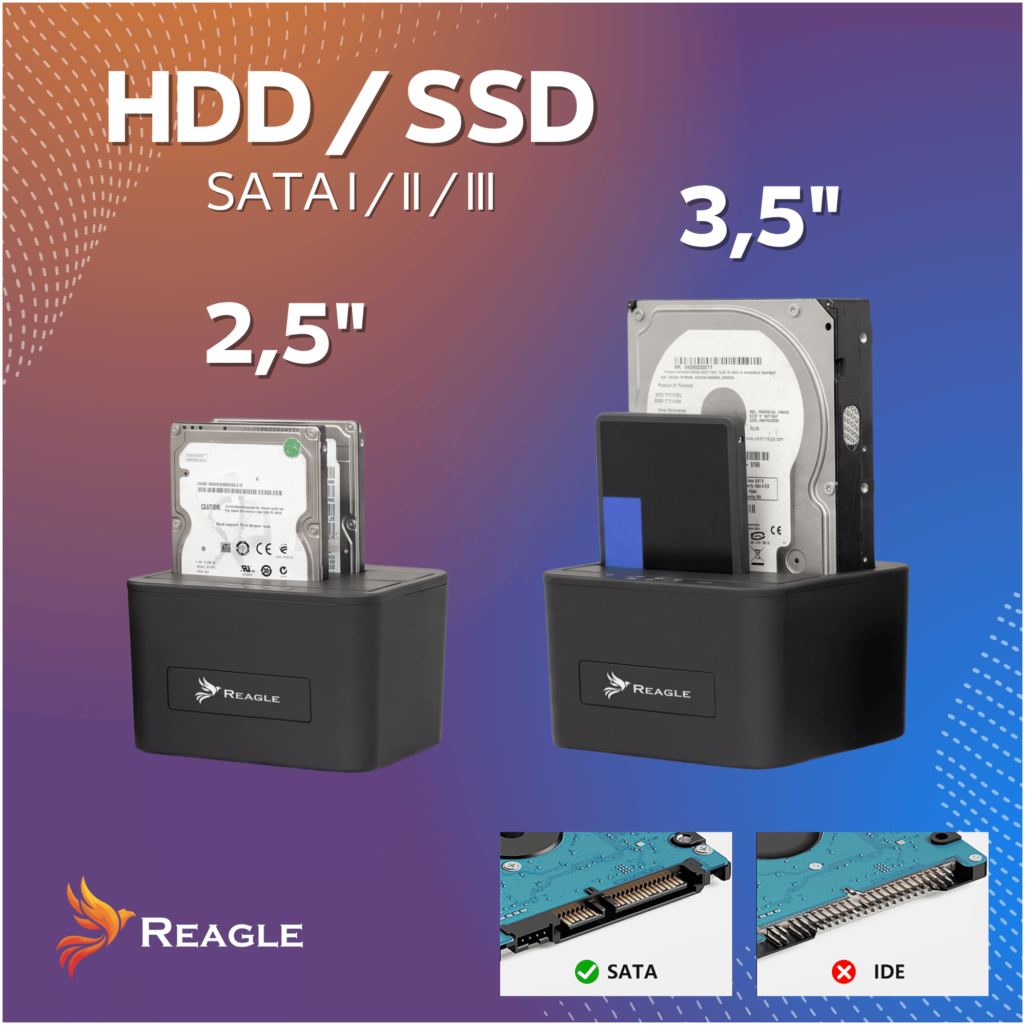 Stacje dokujące Reagle HDD i SSD mieszczące dyski 2,5 i 3,5 cala z interfejsem SATA.