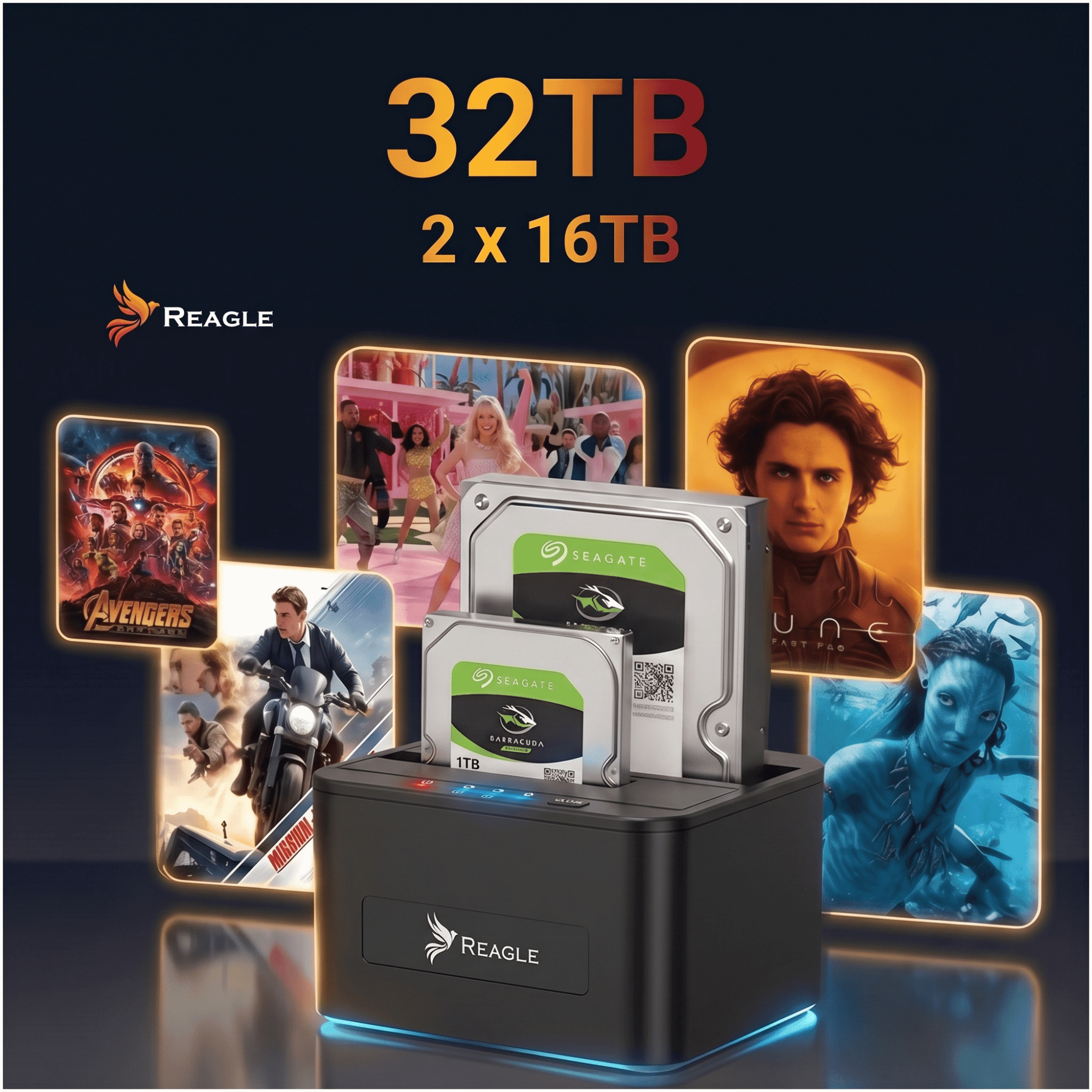 Stacja dokująca do dysków twardych Reagle 32TB z kolorowymi plakatami.