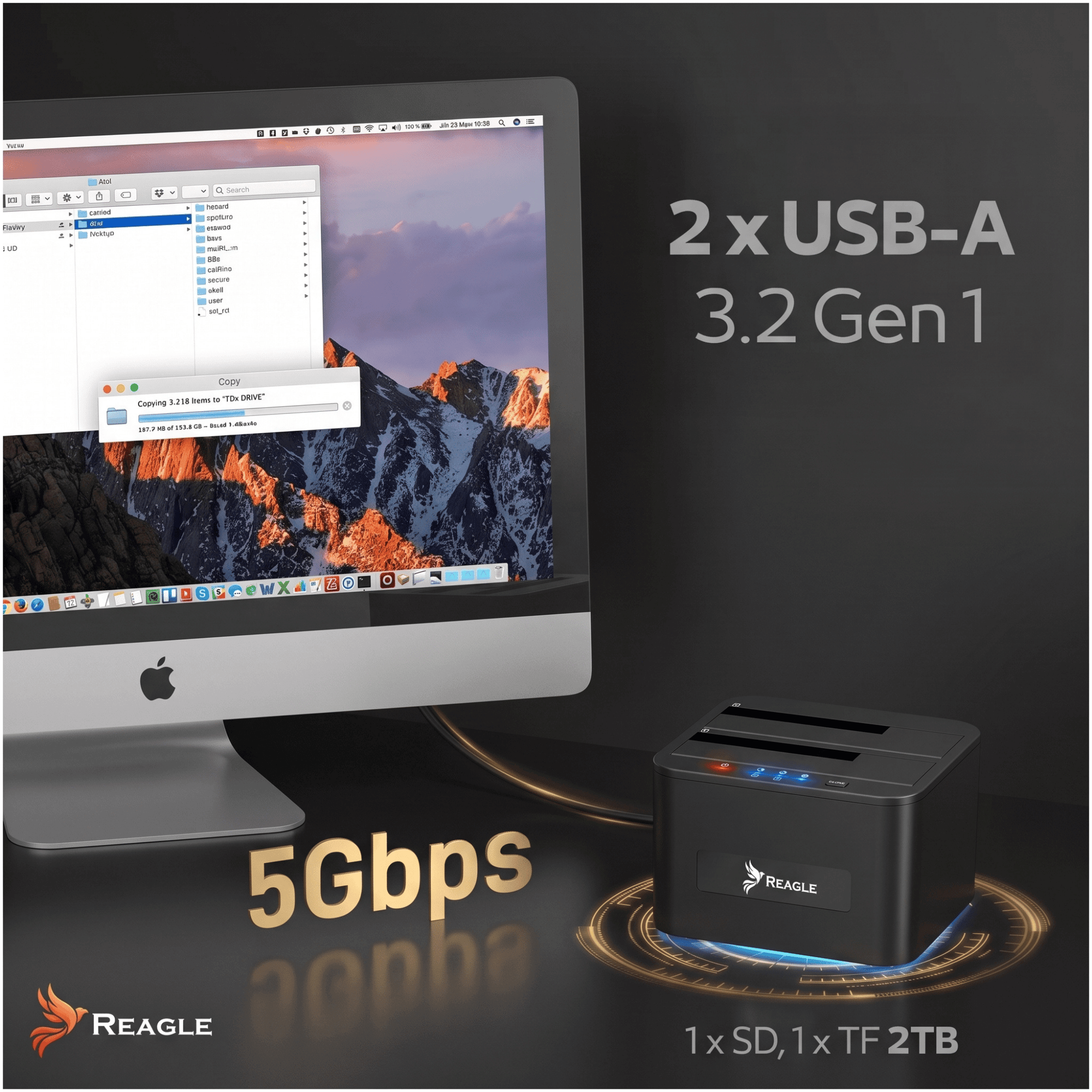 Monitor Mac i czarna stacja dokująca do dysków Reagle na biurku z tekstem.
